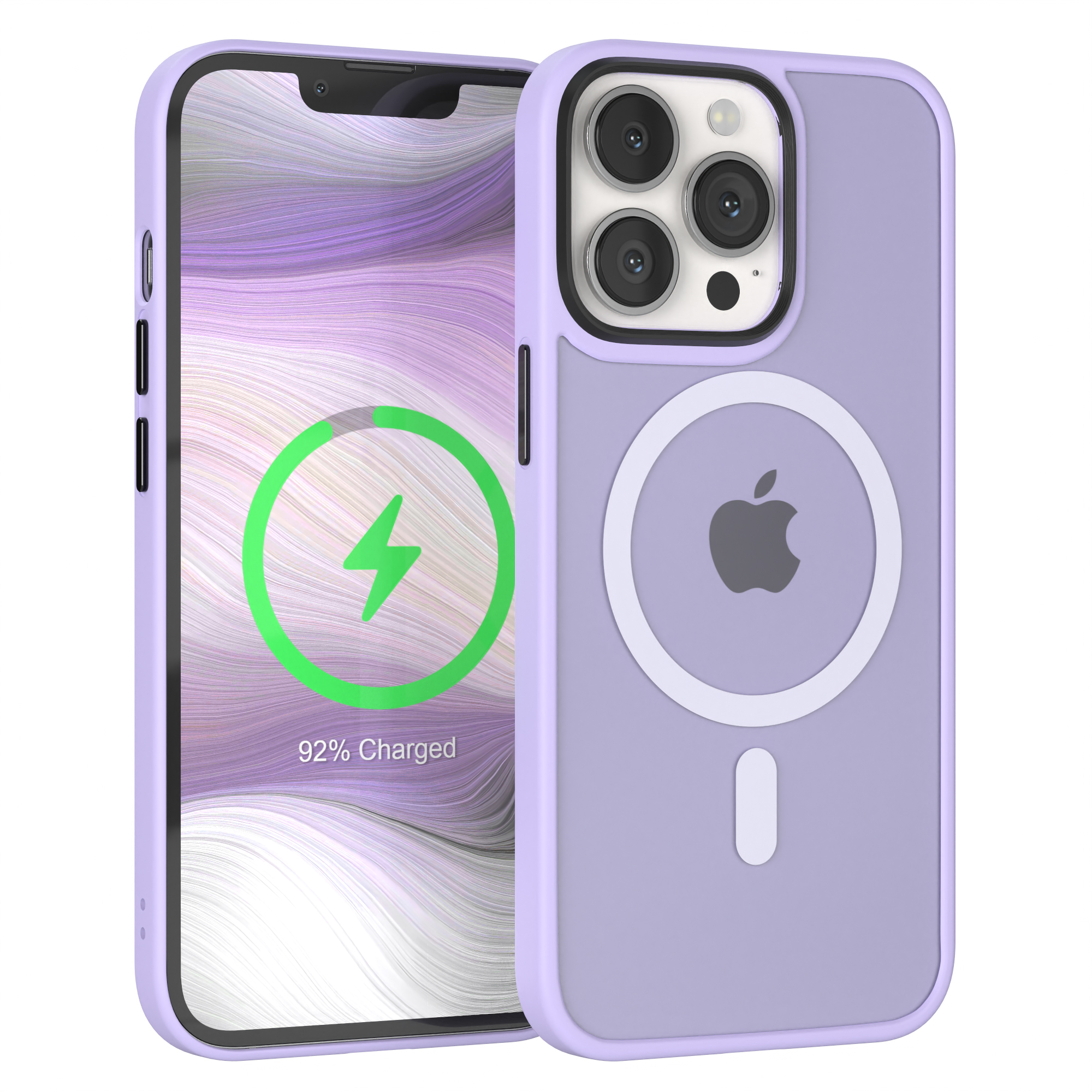 Lila Handyhülle mit Handy, Apple-Logo und 92% Ladung auf dem Handy-Bildschirm.