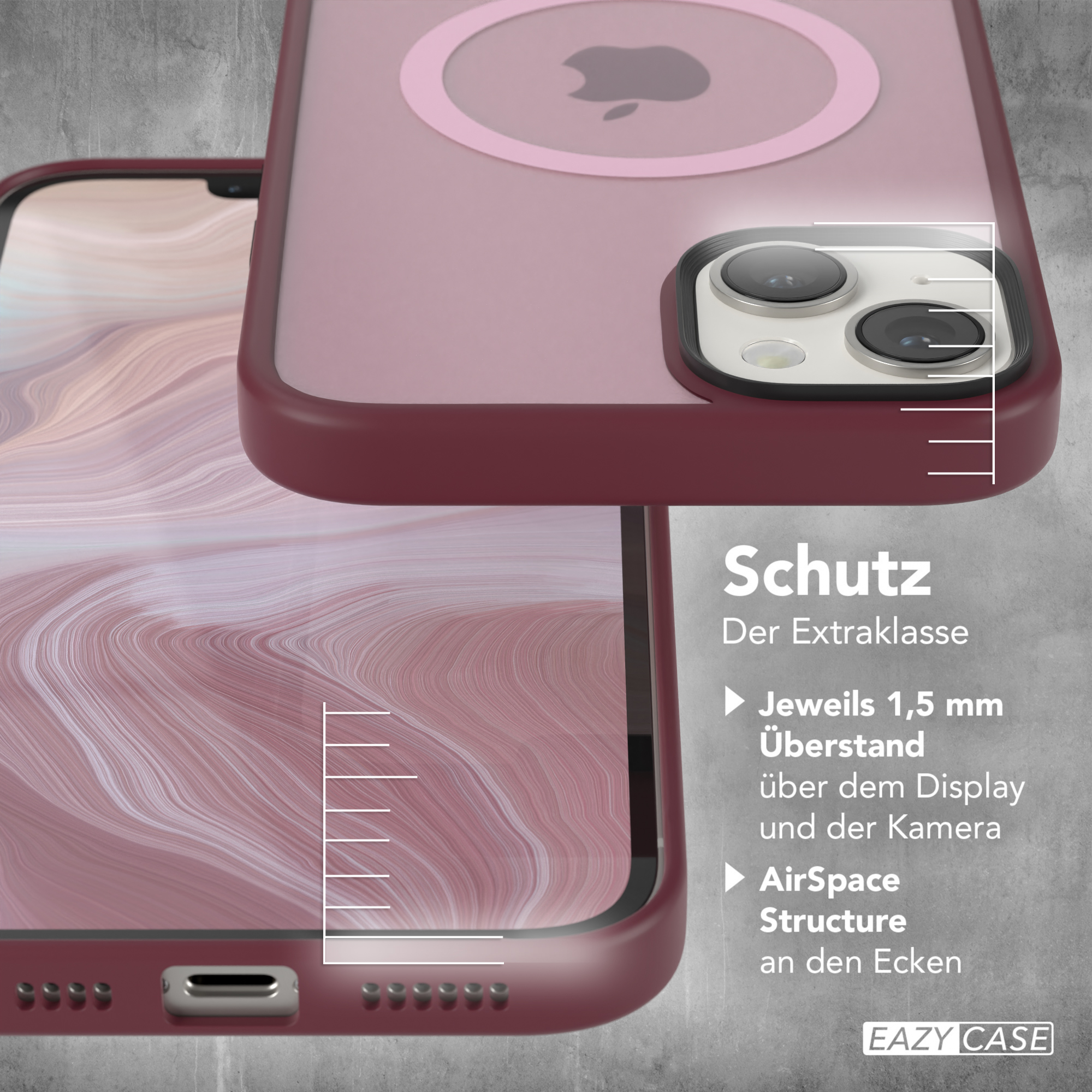 Rote Handyhülle mit pinkfarbenem Kreis und Text, mit einem Telefon.