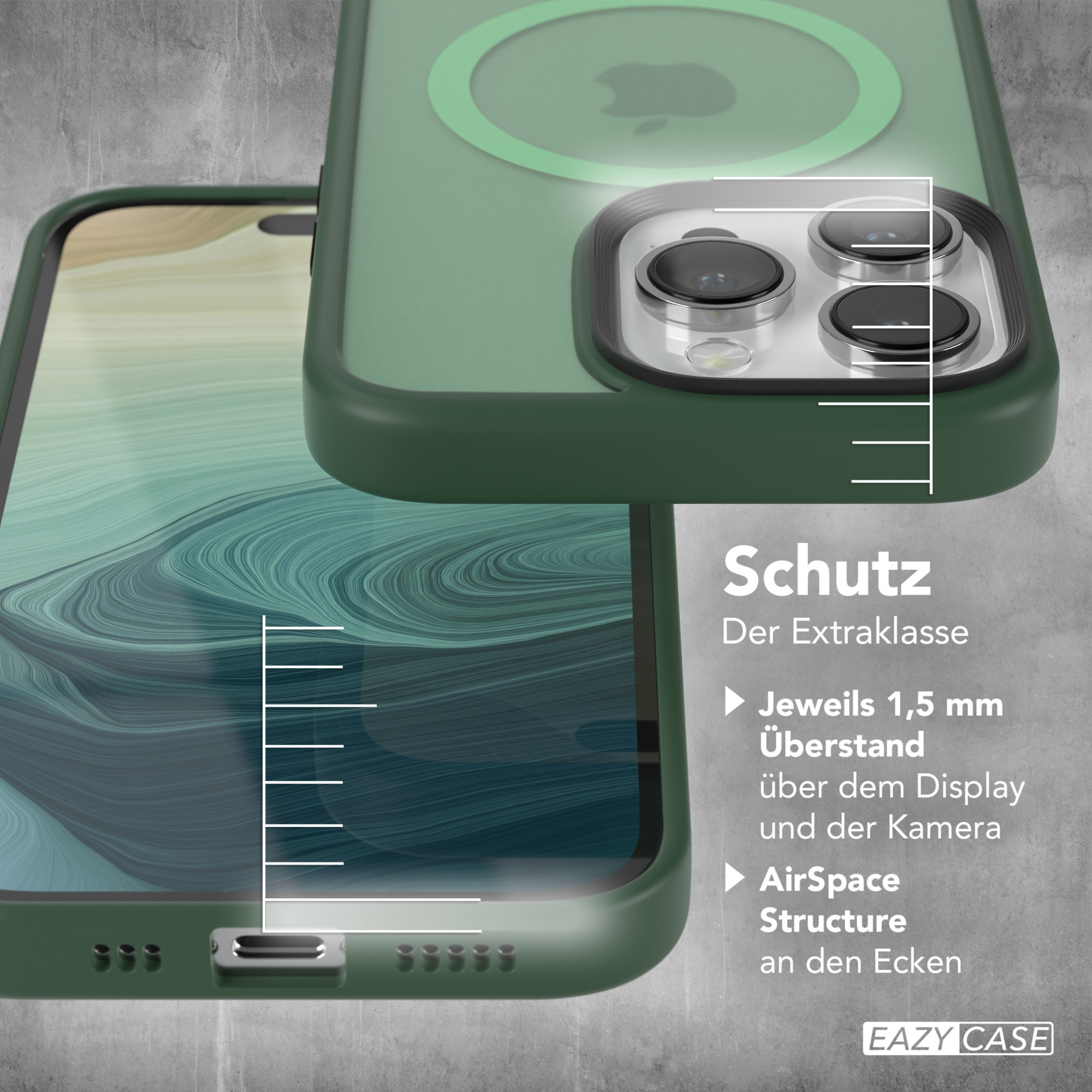 Eine grüne Handyhülle mit einem Telefon darin wird gezeigt. Merkmale werden hervorgehoben. Der Text ist auf Deutsch.
