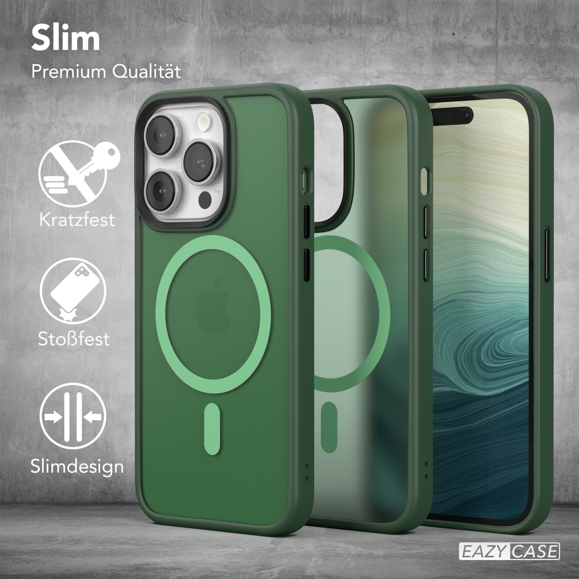 Grüne Handyhüllen, eine auf einem Telefon. Text und Symbole. Grauer Hintergrund.