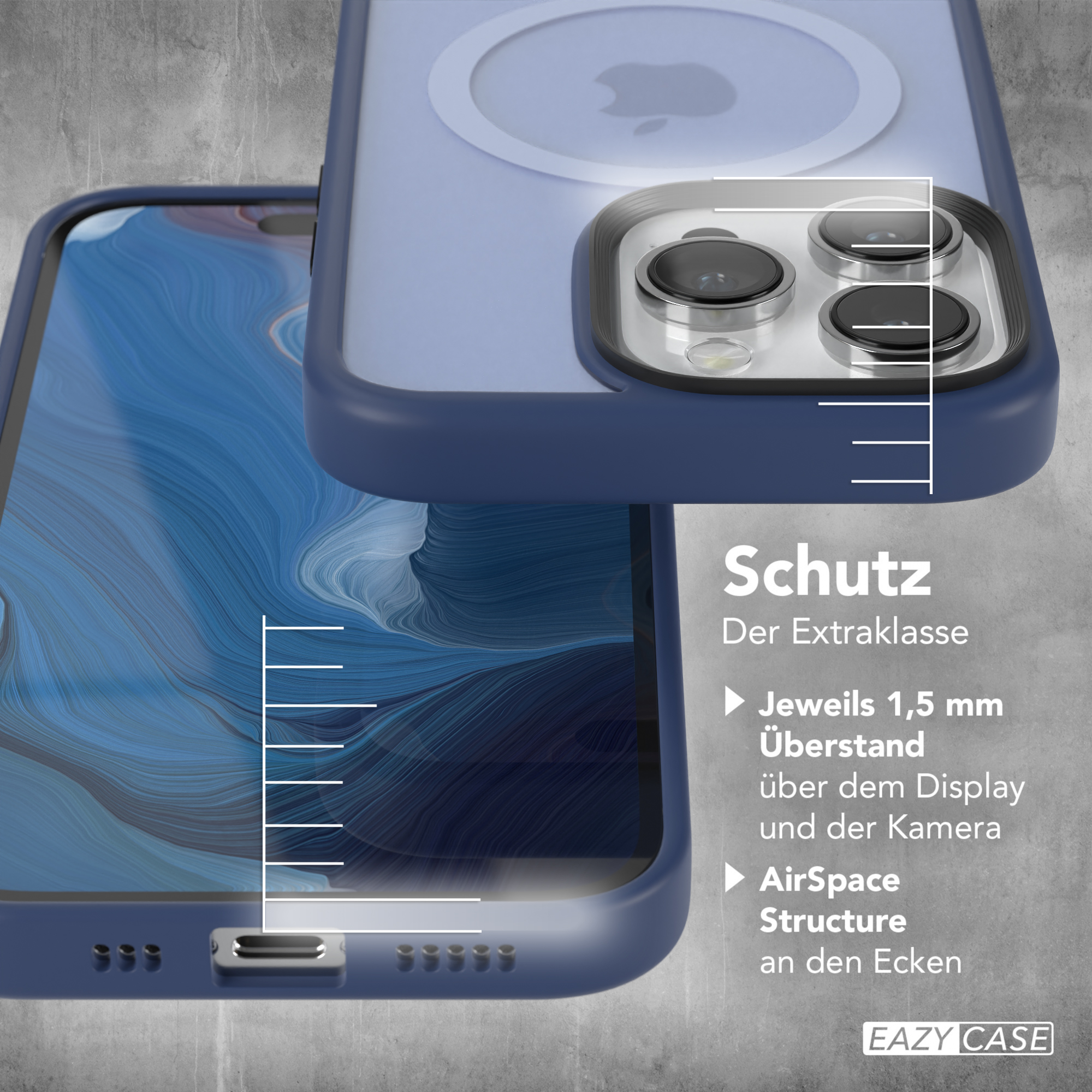 Eine blaue Handyhülle schützt ein Telefon. Text auf Deutsch. Die Hülle hat einen Kreis für ein Ladegerät.