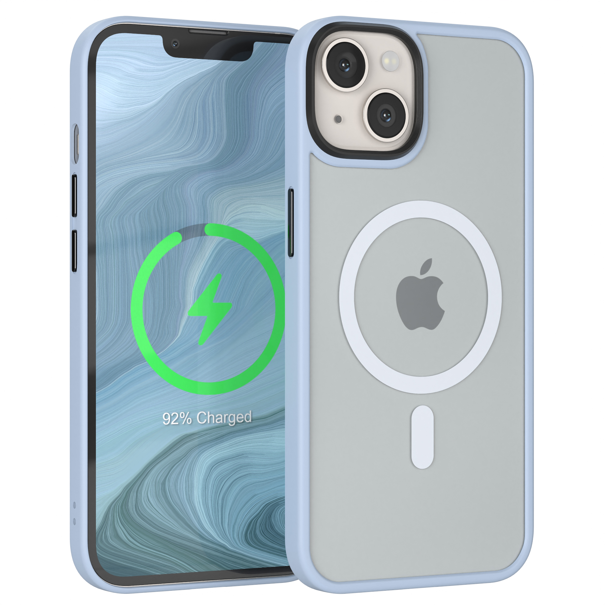 Ein iPhone mit hellblauer Hülle. Auf dem Bildschirm wird eine Ladeanzeige angezeigt.