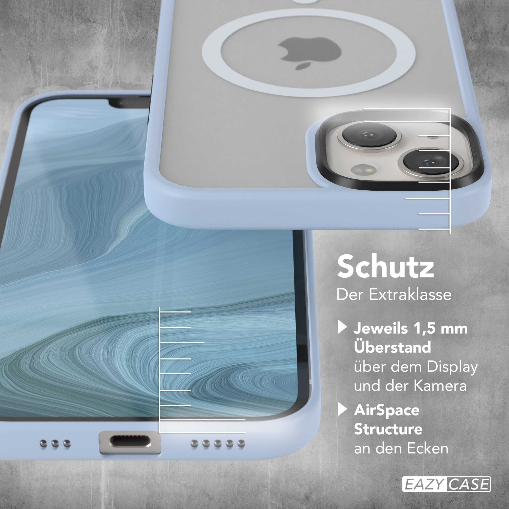 Nahaufnahme einer Handyhülle auf einem Telefon, hellblaue Ränder, Text und Maße.