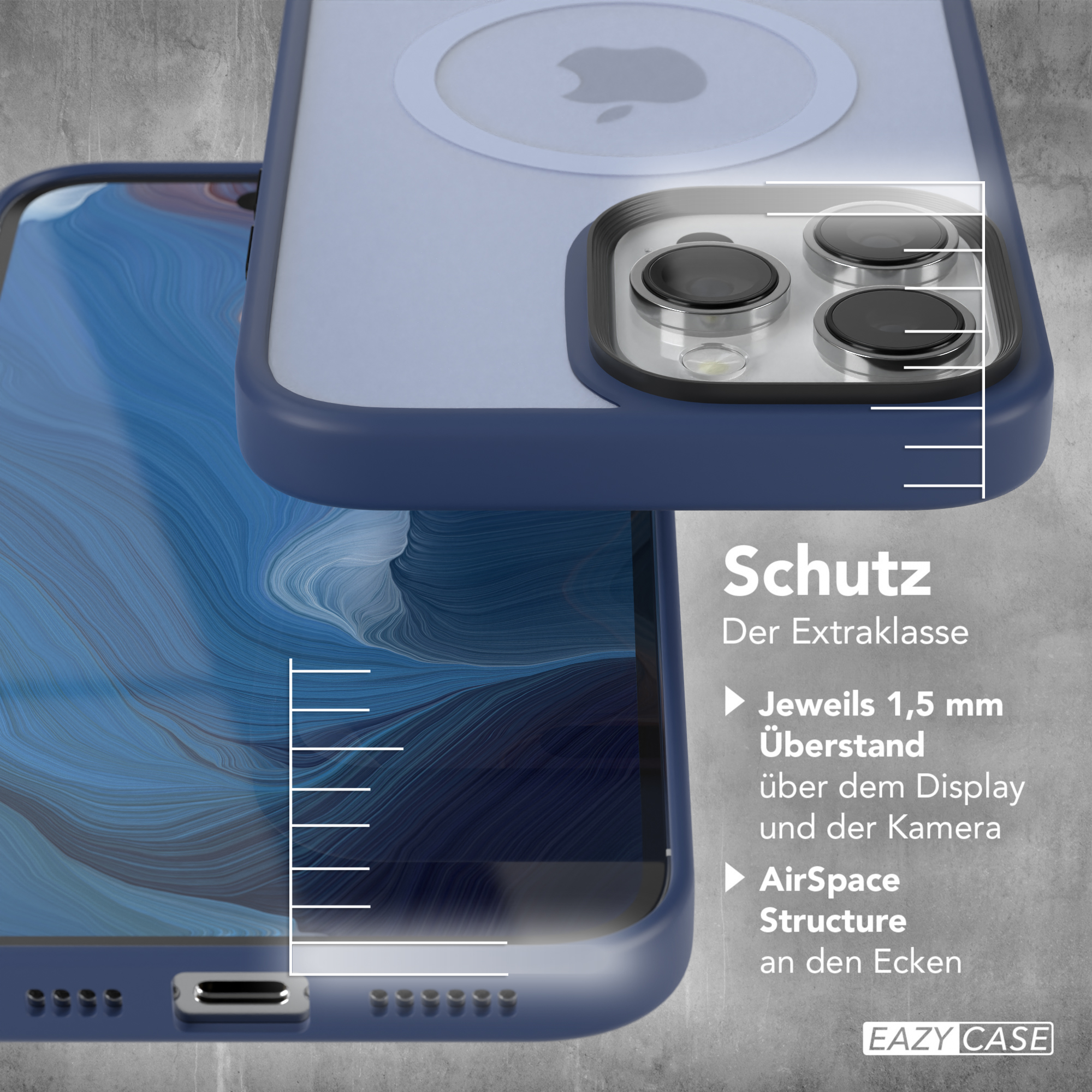 Blaue Telefonhülle mit Telefon, zeigt Kamera und Knöpfe, mit Text und Linien.