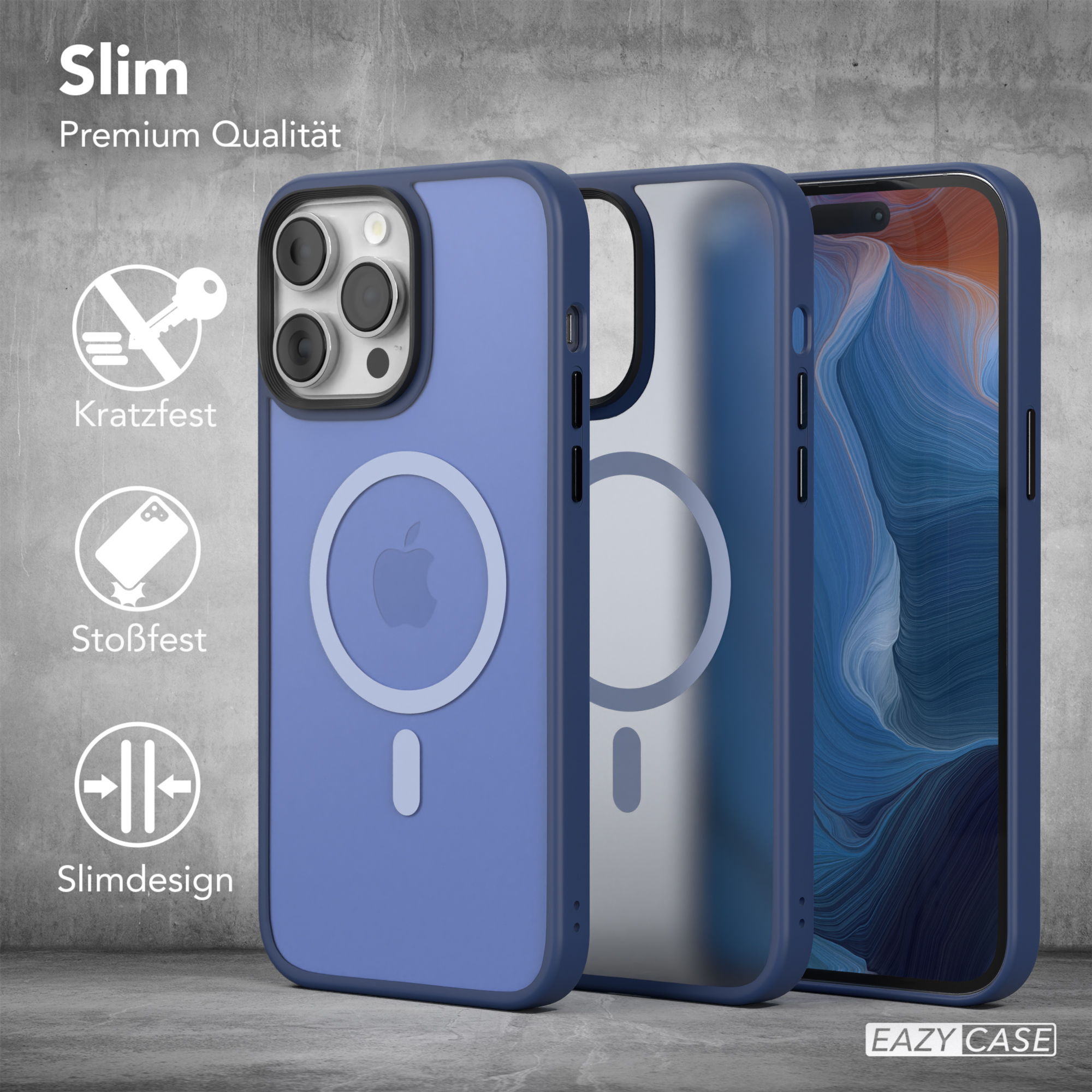 Drei Handyhüllen mit Apple-Logo und Text auf Deutsch. Die Hüllen sind blau.