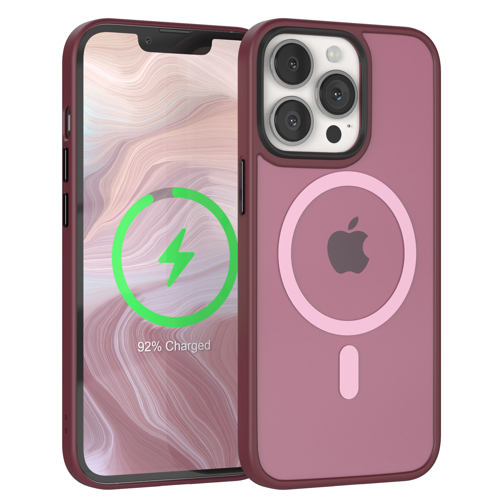 Burgunderfarbene Handyhülle mit Apple-Logo und Ladeanzeige. Zeigt 92% geladen an.