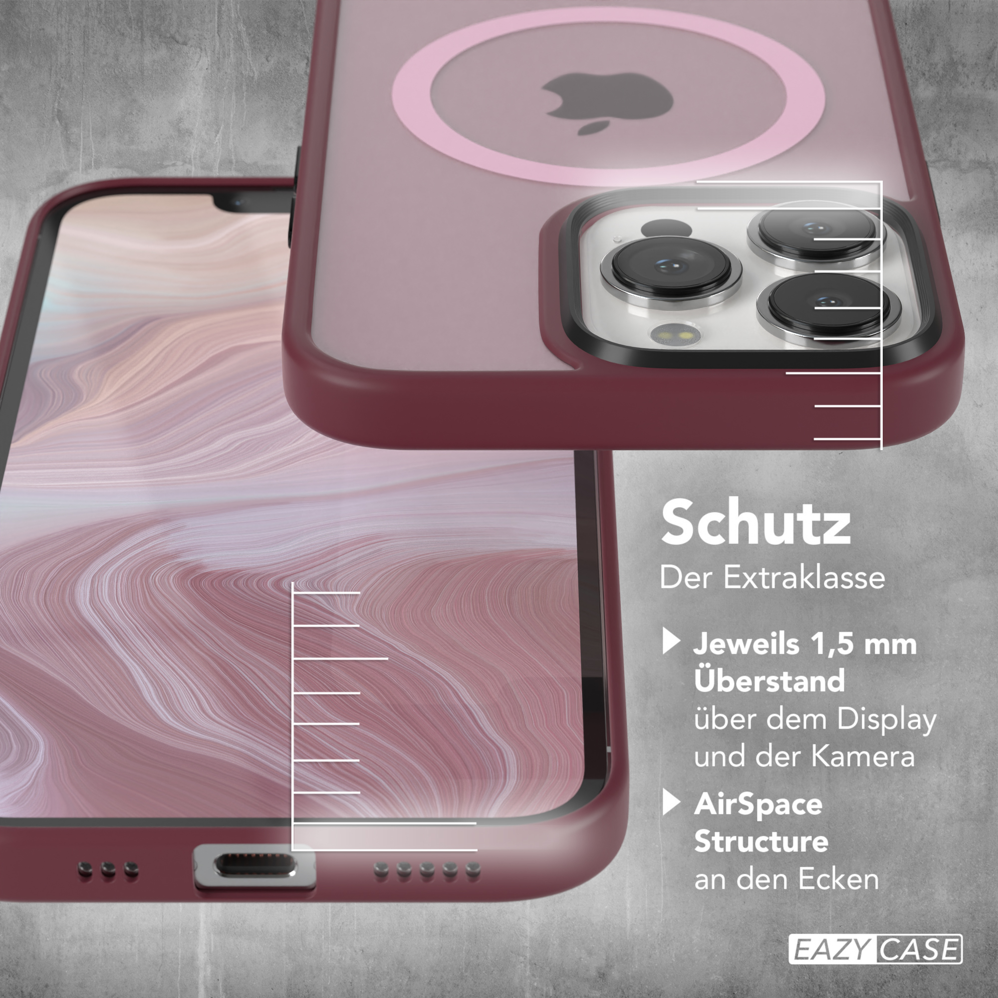 Nahaufnahme einer Handyhülle mit hellrosa Apple-Logo.