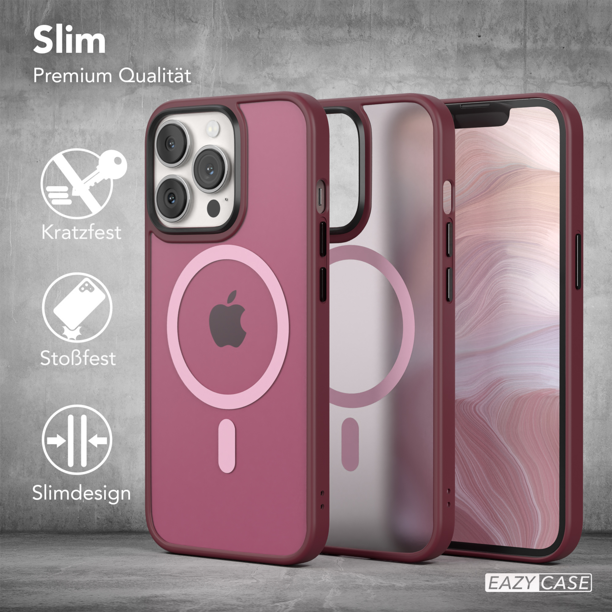 Drei weinrote Handyhüllen mit Apple-Logo und einem Schild, das die Produkteigenschaften anzeigt.