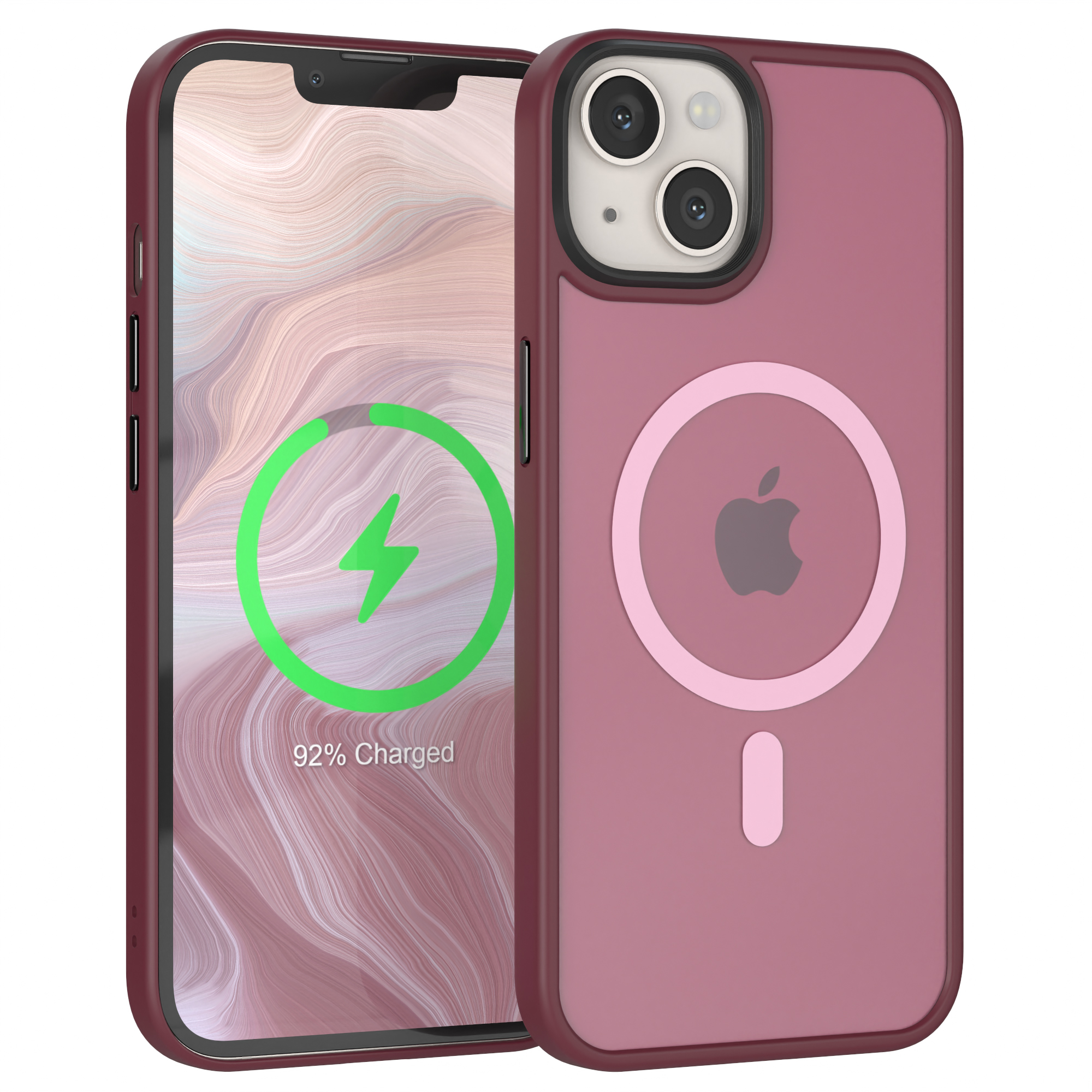 iPhone in rosafarbener Hülle mit Ladeanzeige. 92 % geladen wird auf dem Bildschirm angezeigt.