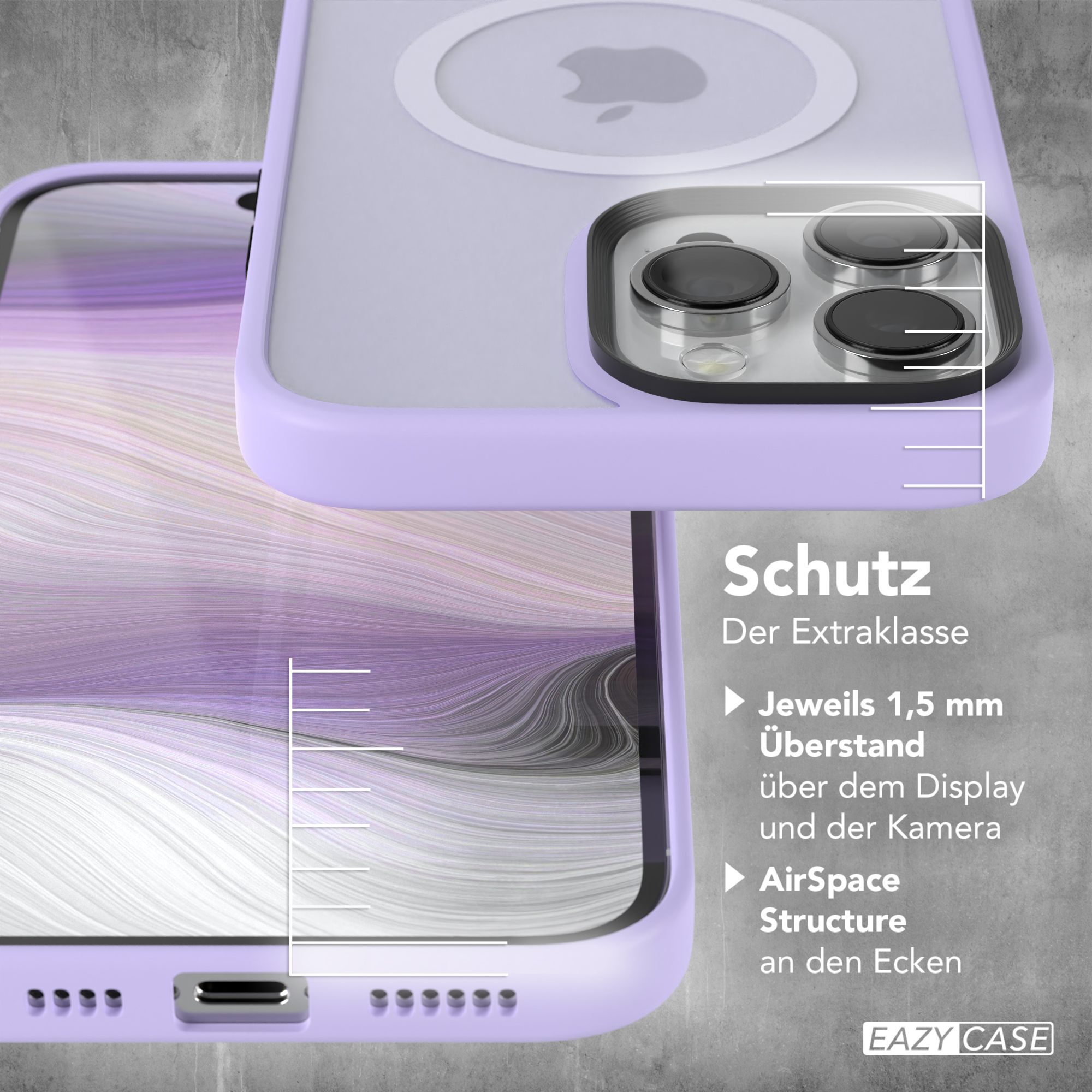 Lila Handyhülle mit Telefon darin. Text: Schutz, Der Extraklasse. AirSpace Struktur an den Ecken.