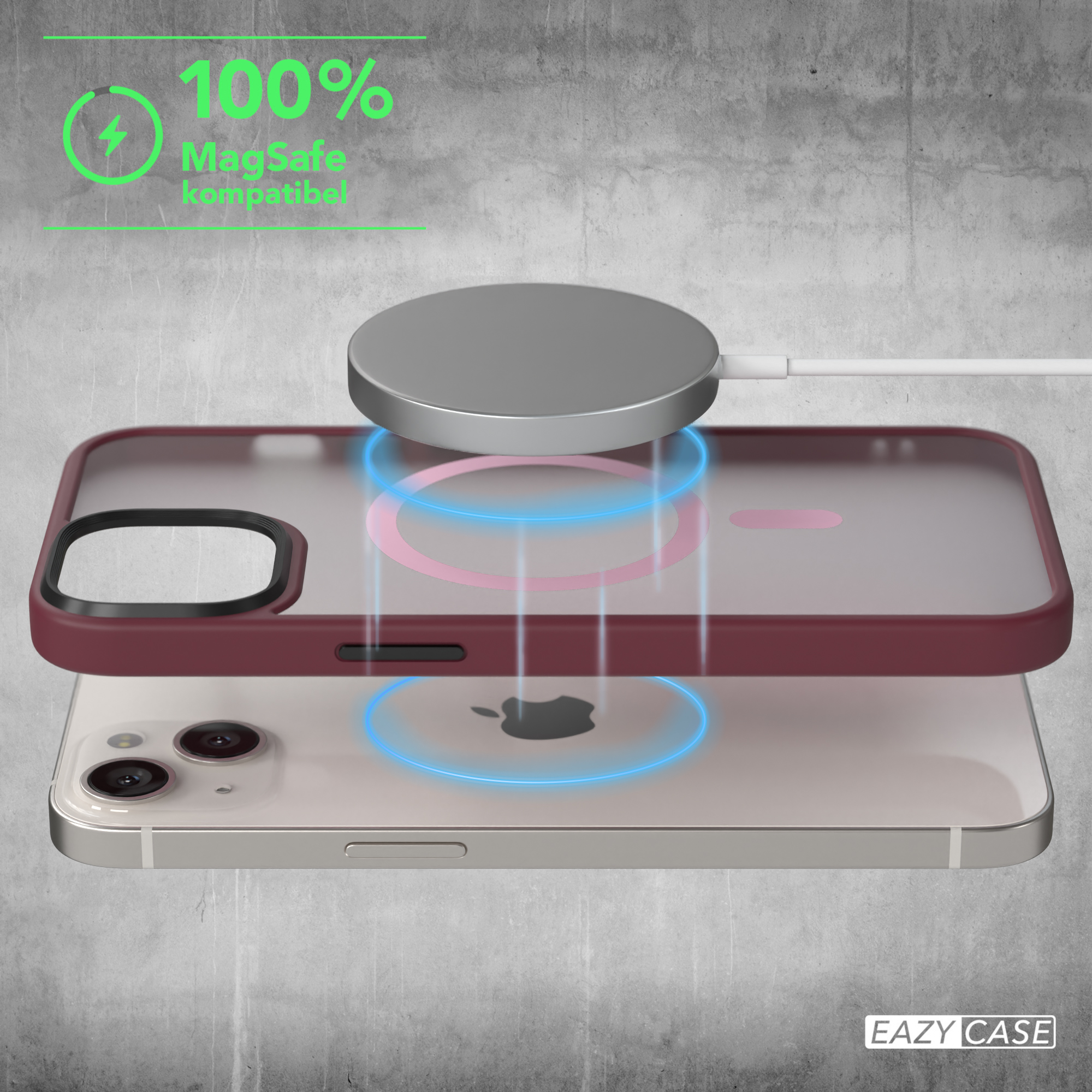 iPhone mit Hülle, verbunden mit einem MagSafe-Ladegerät. Das Telefon ist rot, das Ladegerät silber.