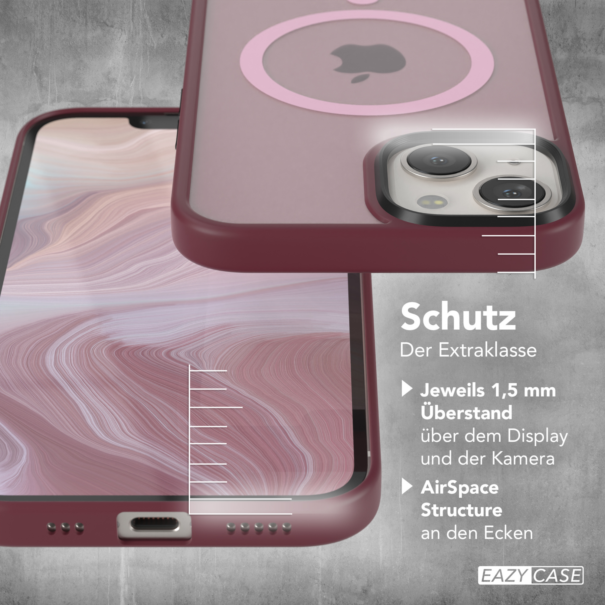 Nahaufnahme einer weinroten iPhone-Hülle mit einem rosa Kreis und dem Telefon.