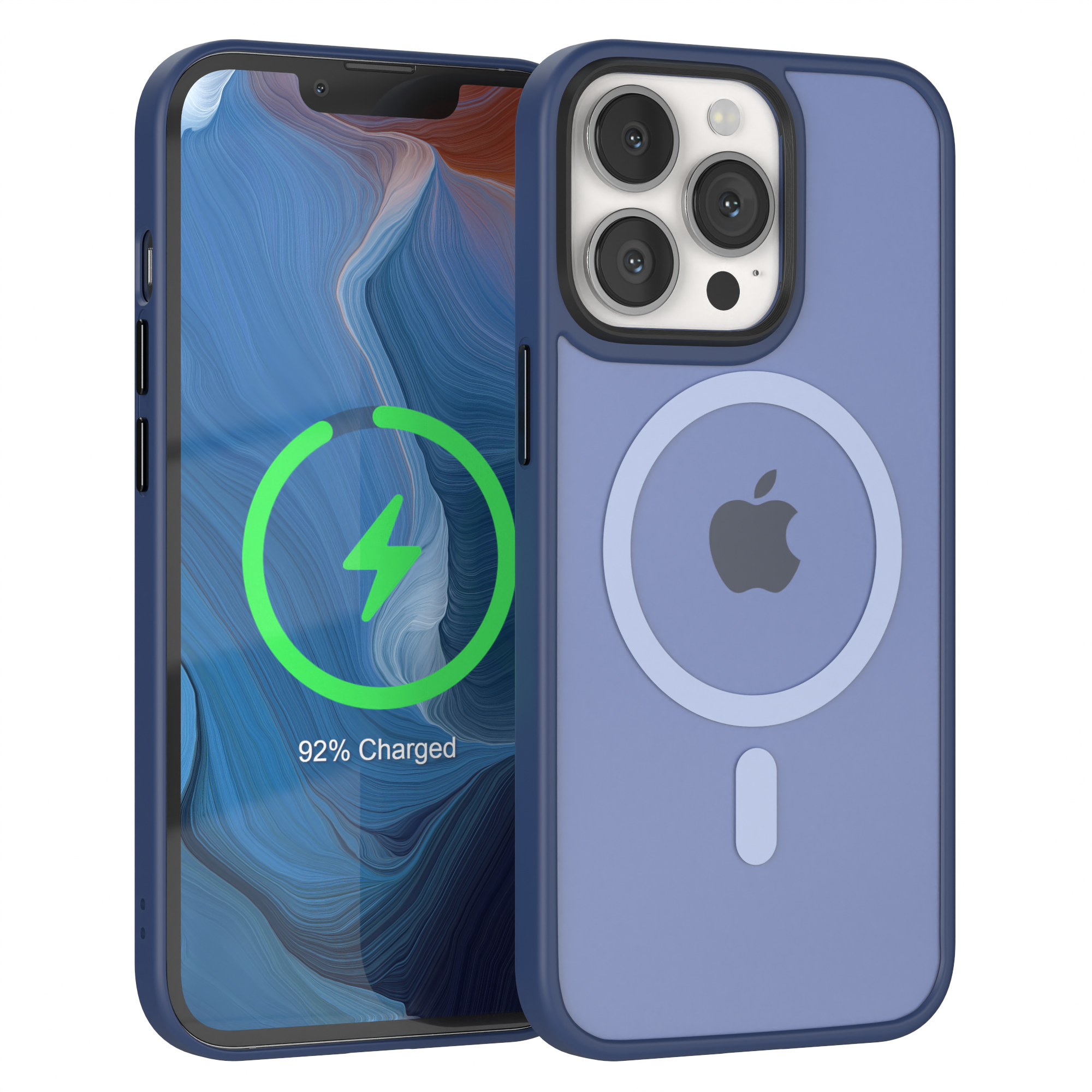 iPhone mit blauem Gehäuse, zeigt den Ladebildschirm. Das Telefon befindet sich auf weißem Hintergrund.