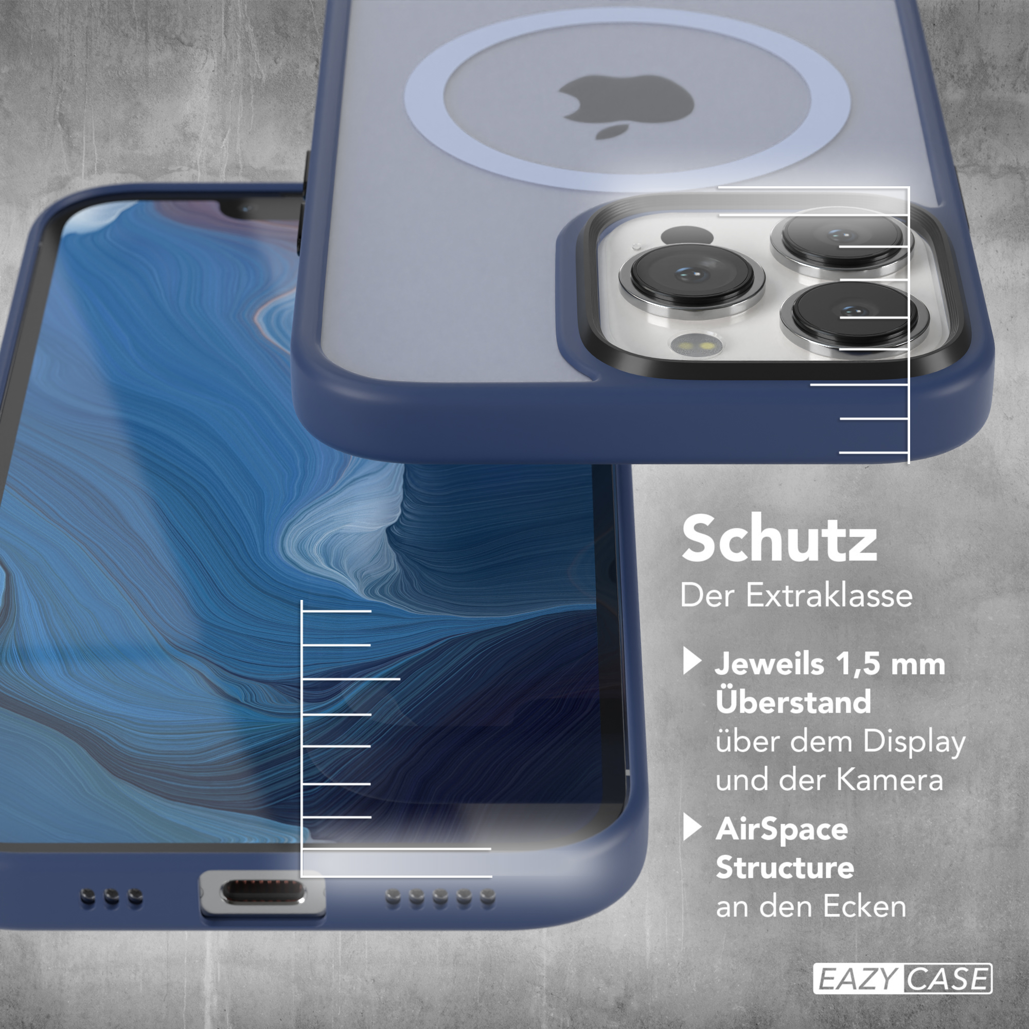 Eine Handyhülle mit blauem Rand, die ein Telefon mit blauem Hintergrund zeigt.