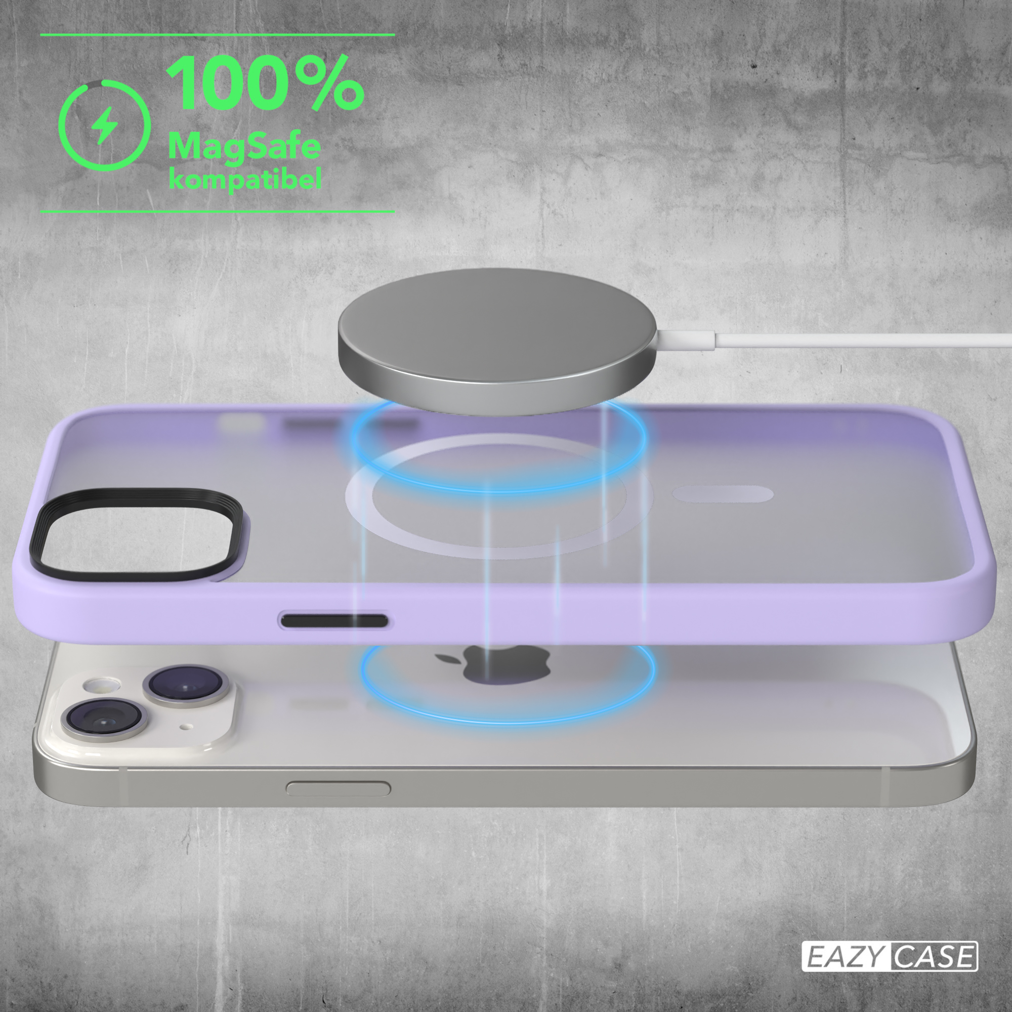 iPhone mit lila Hülle, das von einem MagSafe-Ladegerät aufgeladen wird. Der Text lautet 100 % MagSafe-kompatibel.