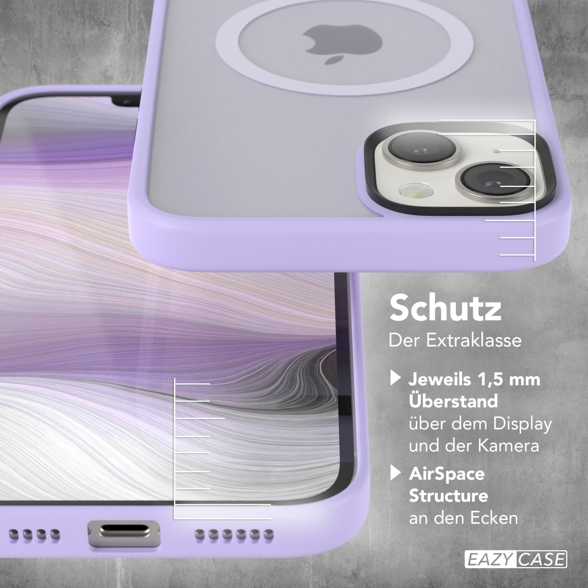 Lila Handyhülle mit lila Rahmen und Details, mit weißem Hintergrund.