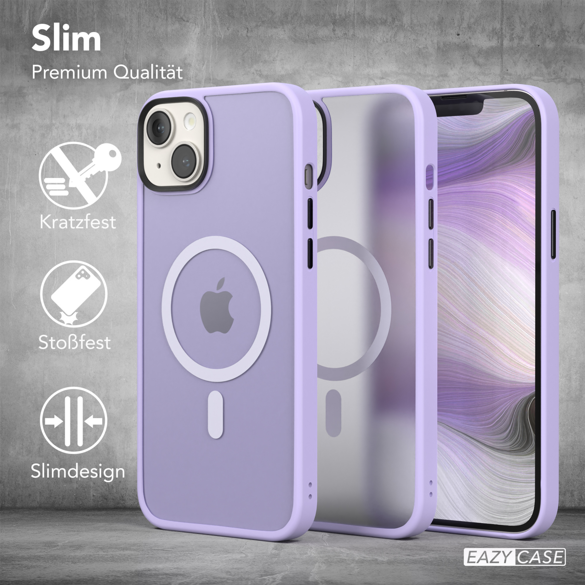 Lila Handyhüllen mit einem Handy. Text auf den Hüllen: Slim, Kratzfest, Stoßfest, Slimdesign.