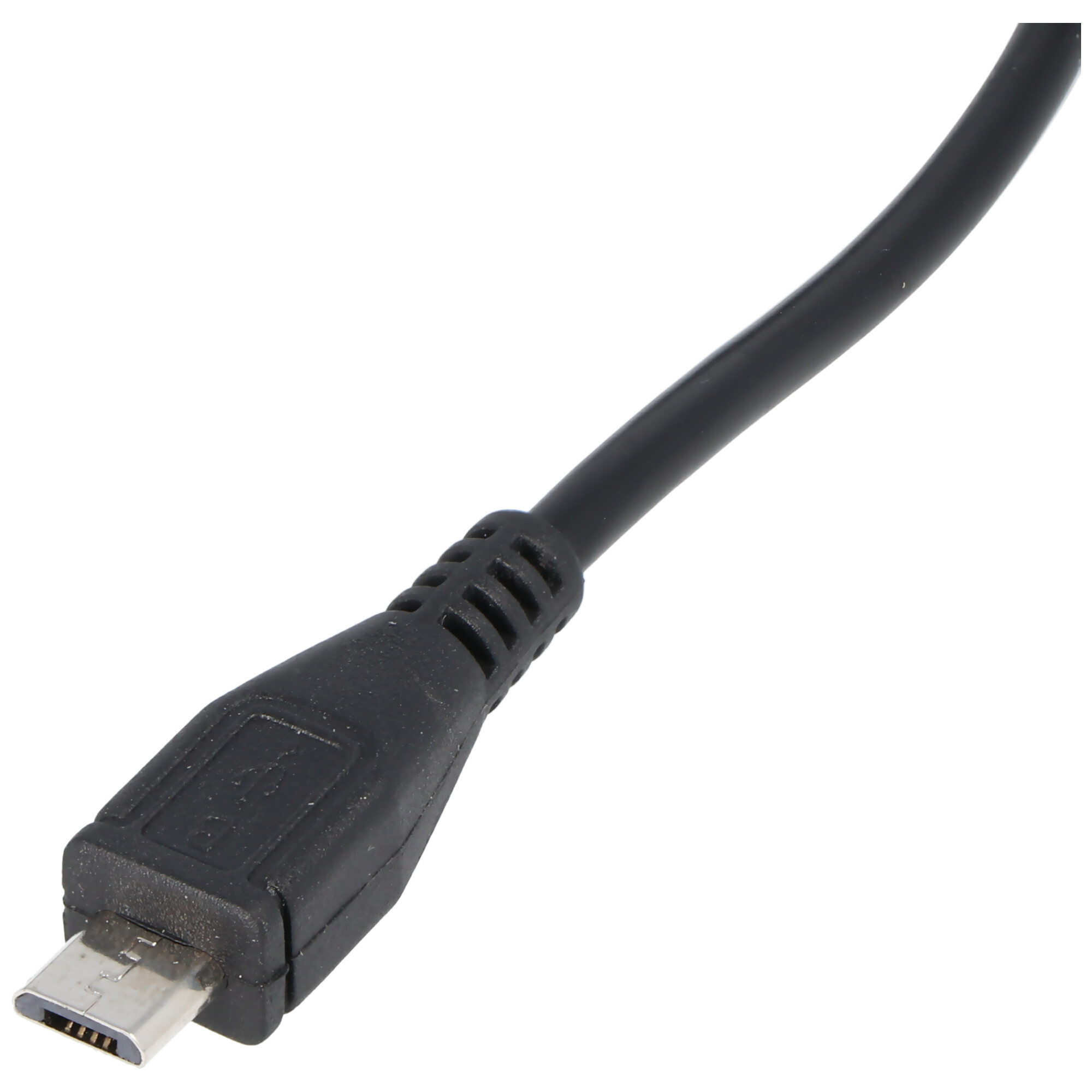 Schwarzes Micro-USB-Kabel mit Micro-USB-Anschluss links und schwarzem Kabel.