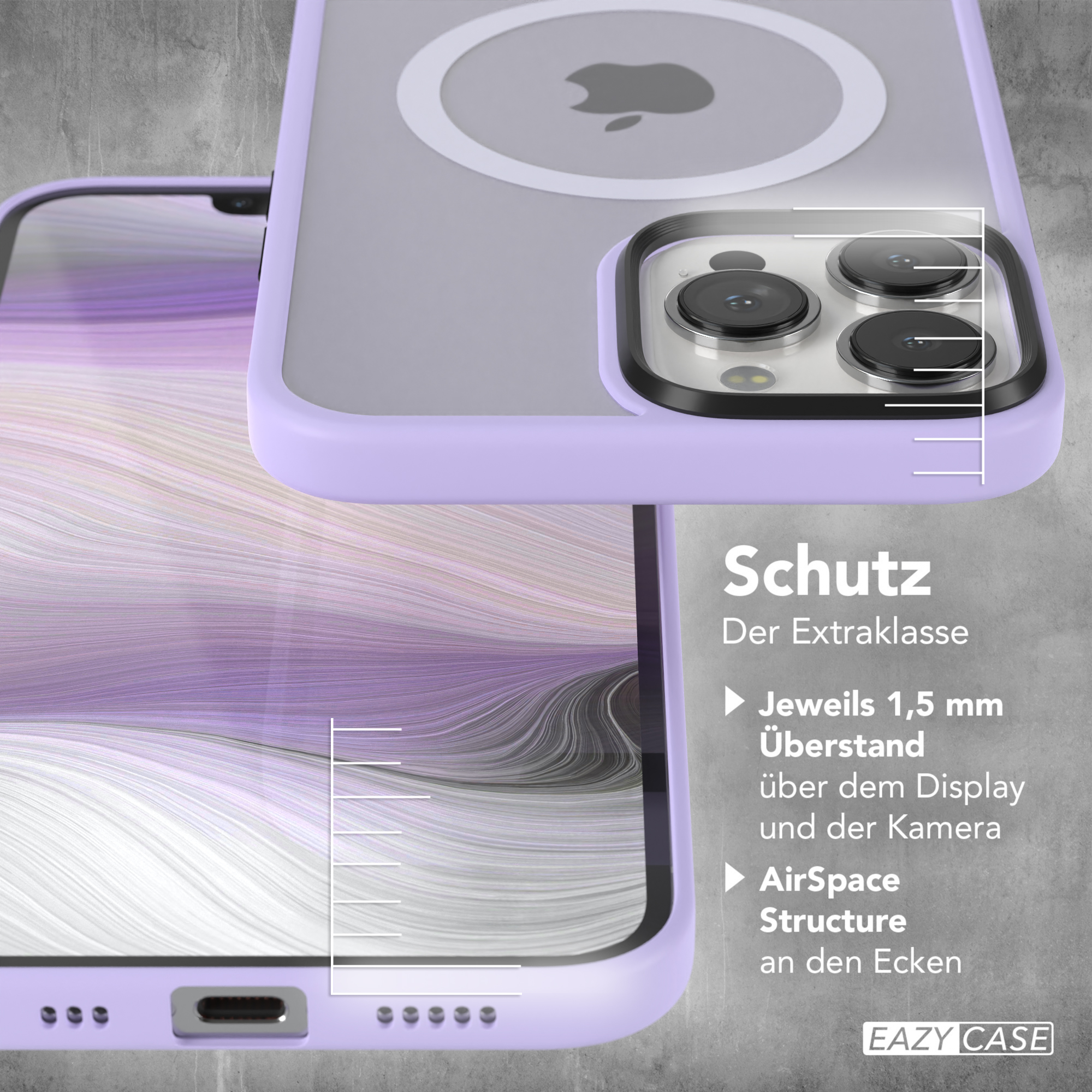 Die Handyhülle ist lila und schützt das Telefon. Text: Schutz Der Extraklasse.