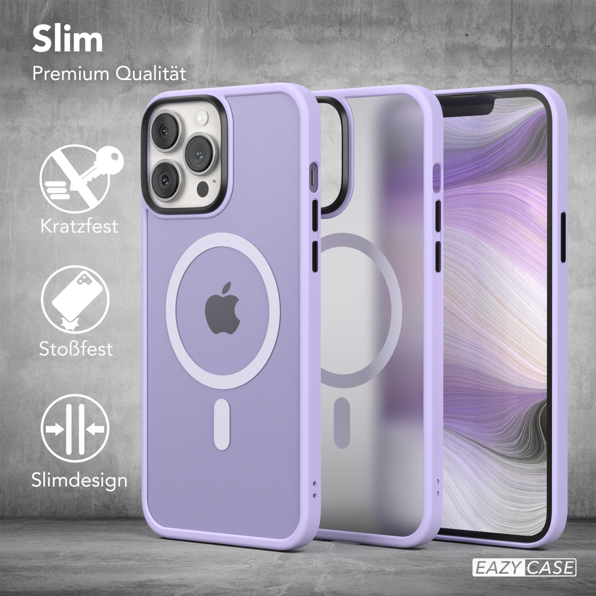 Drei Handyhüllen. Text: Slim, Kratzfest, Stoßfest, Slimdesign und EAZY CASE Logo.