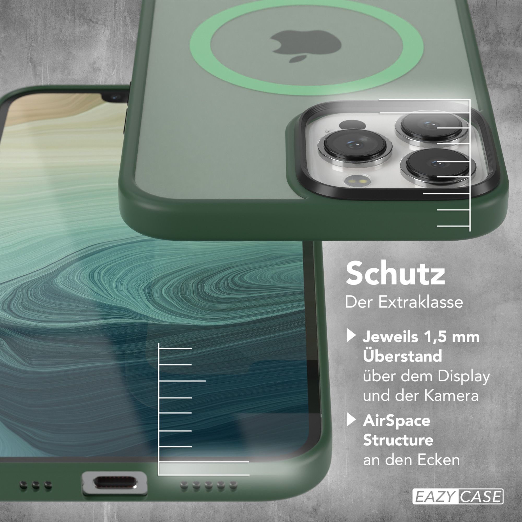 Ein iPhone mit einer grünen Hülle. Die Hülle hat einen grünen Kreis und Text.