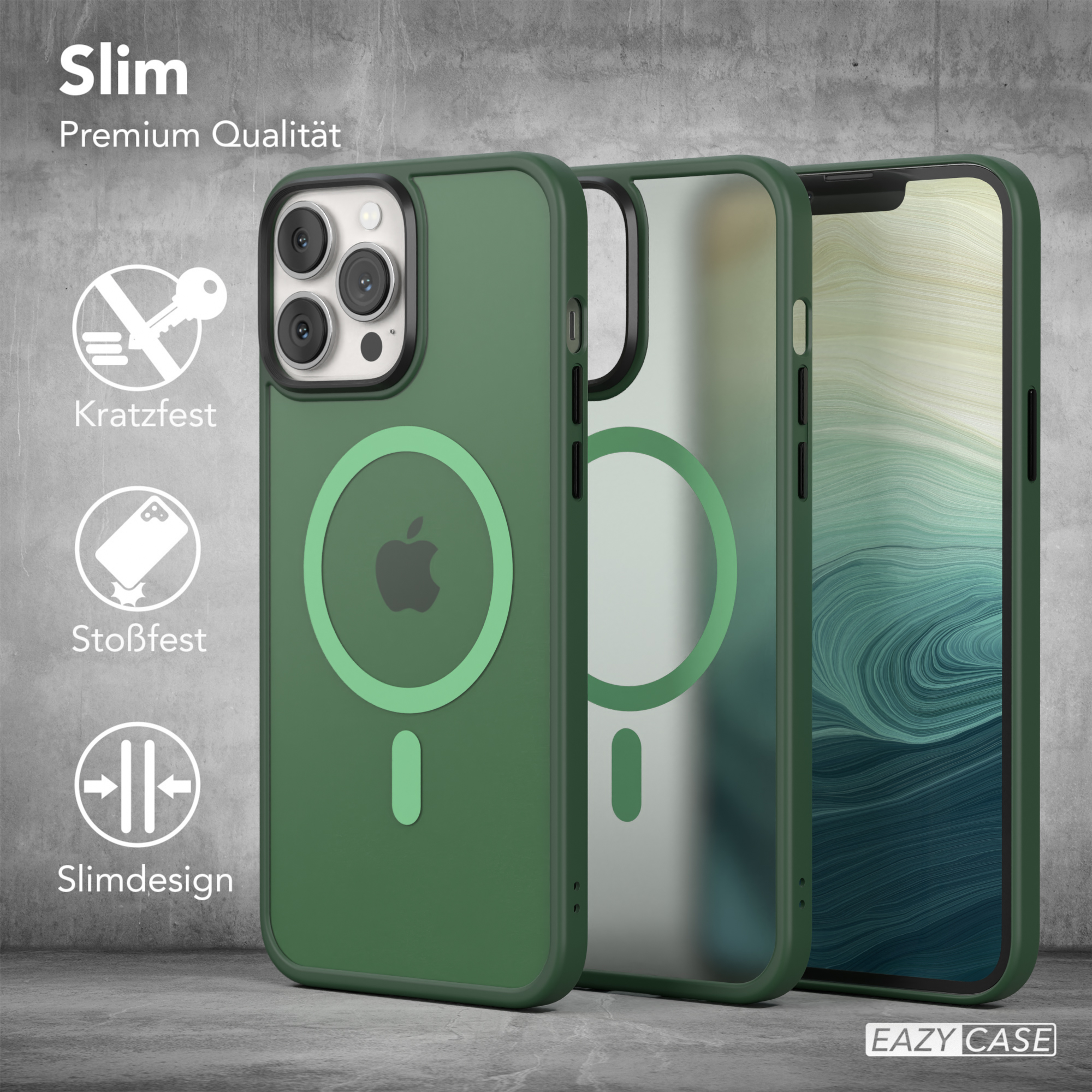 Drei grüne Handyhüllen mit einem Schlüssel, einem Telefon und einem schlanken Design-Icon.