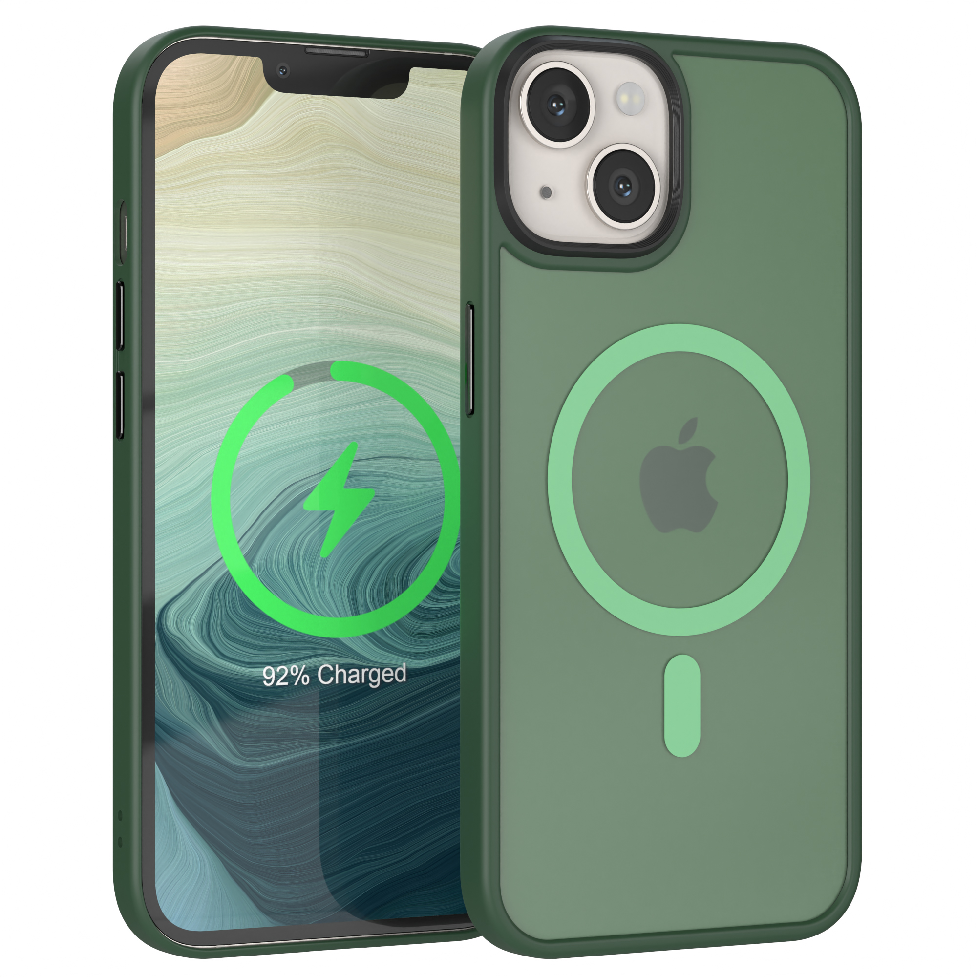 Grüne Handyhülle mit Apple-Logo und Telefon darin.