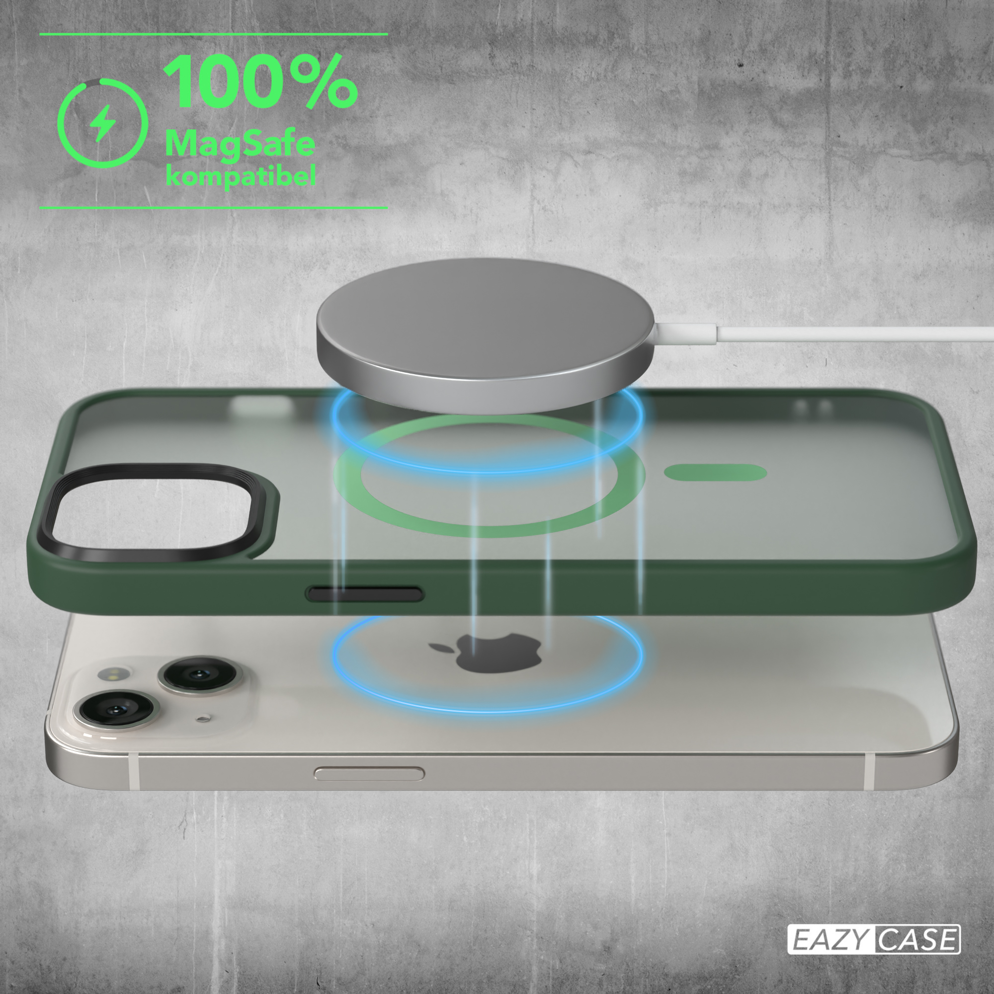 Telefon auf kabellosem Ladegerät, grüne Hülle. Das Ladegerät ist an eine Stromquelle angeschlossen.