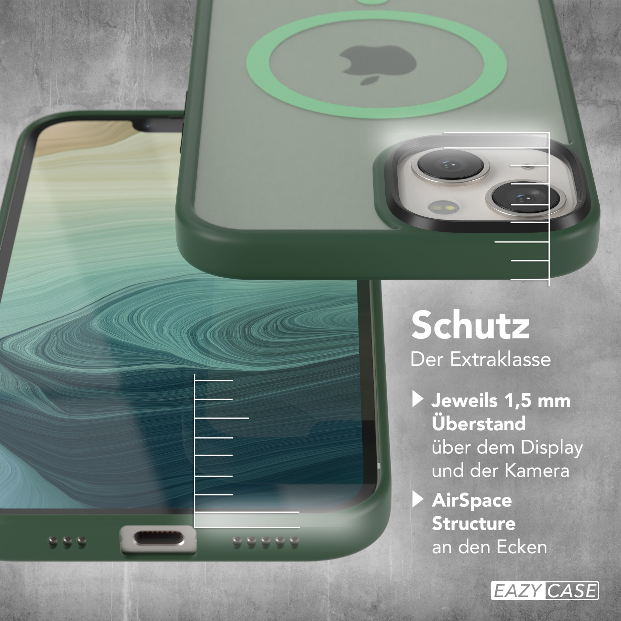 Eine iPhone-Hülle mit grünem Rand, Messlinien. Text: 'Schutz' und 'AirSpace Structure'.
