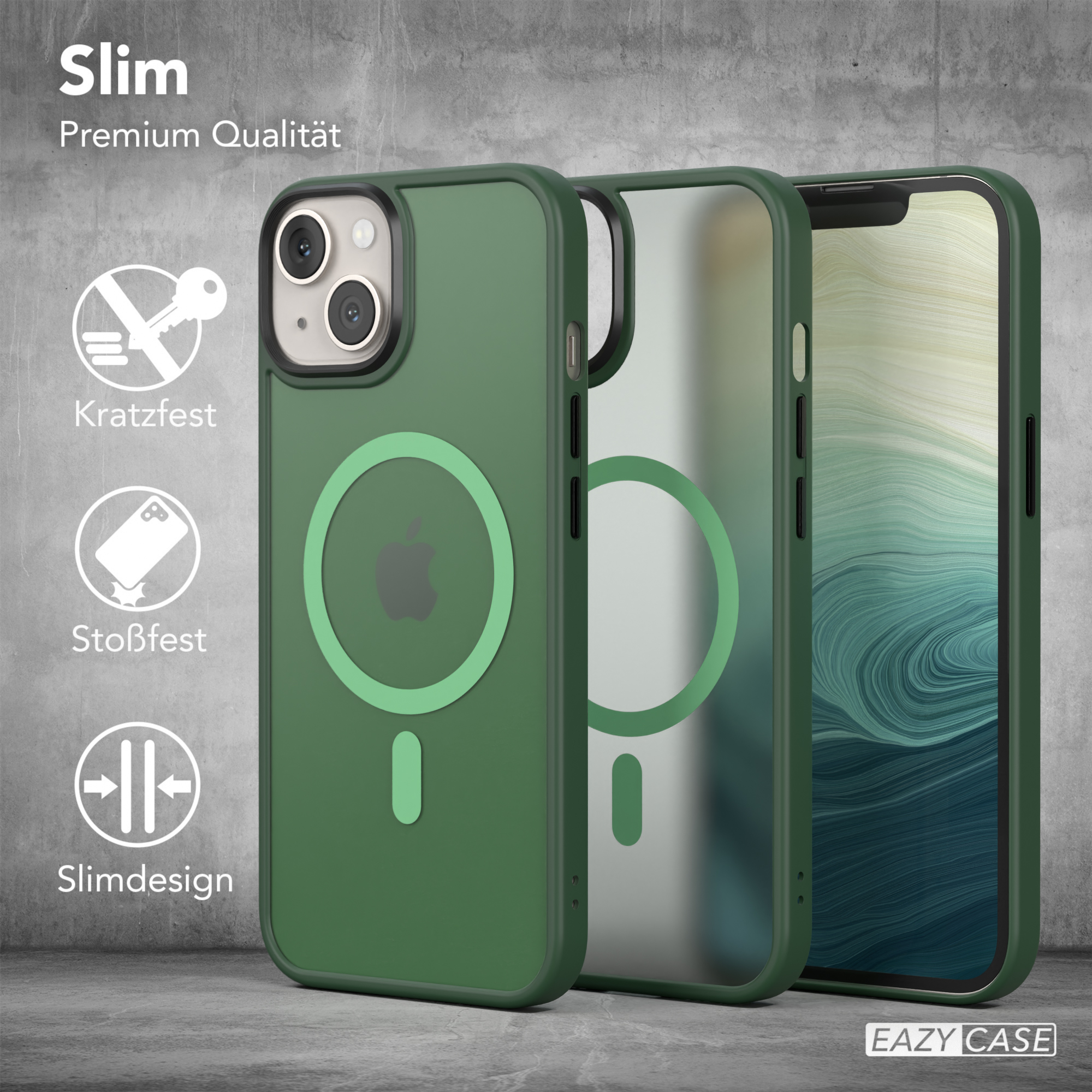 Grüne Handyhüllen mit Text: „Slim, Premium Qualität, Kratzfest, Stoßfest, Slimdesign“ (Schlank, Premium Qualität).