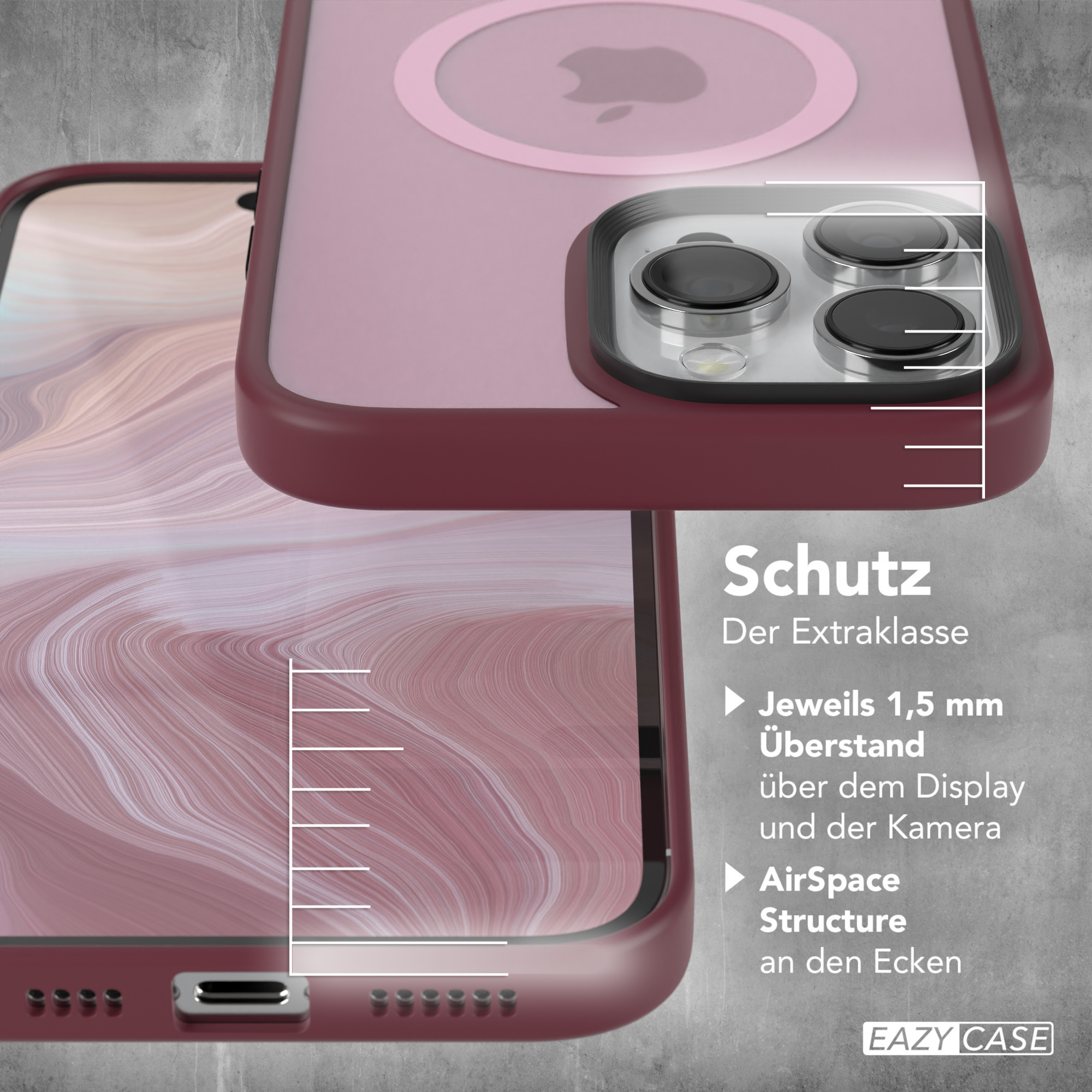 Handyhülle mit Telefon, zeigt Funktionen und Text auf Deutsch.