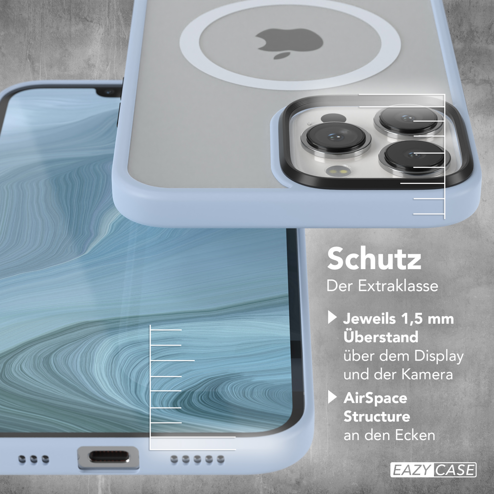 Eine hellblaue Handyhülle mit MagSafe-Ring ist abgebildet, mit Text über zusätzlichen Schutz.