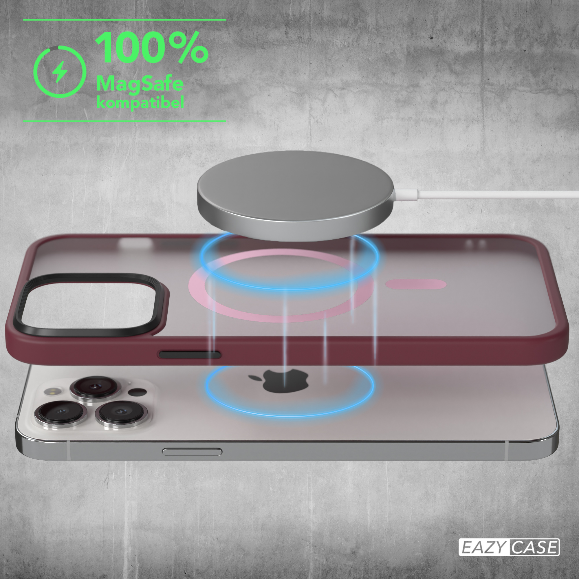 Telefon mit Hülle und Ladegerät. Die Hülle ist rot und transparent. Ein Ladegerät ist über dem Telefon.