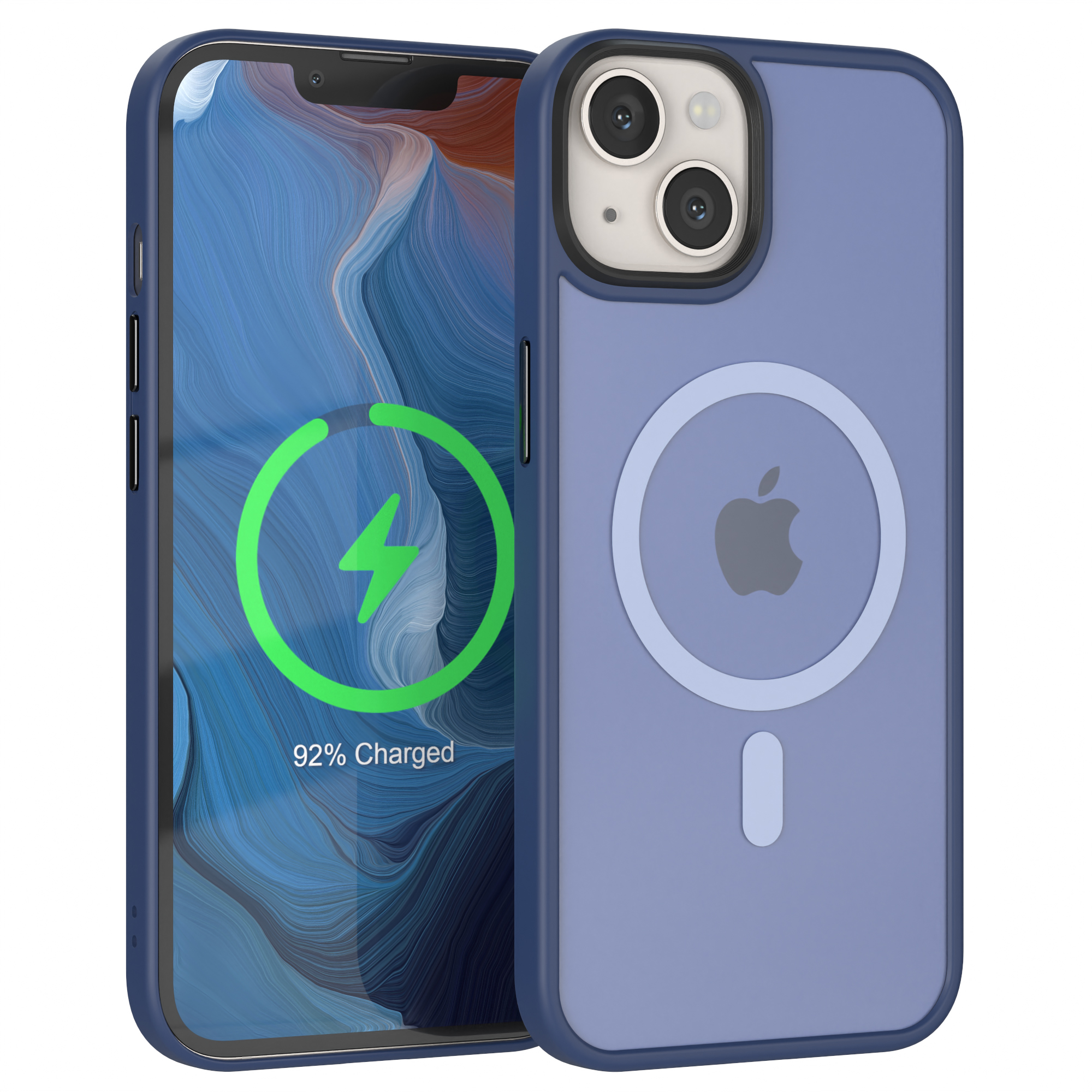 Blaues iPhone mit Hülle, zeigt Bildschirm und Rückseite. Ladeanzeige bei 92%.