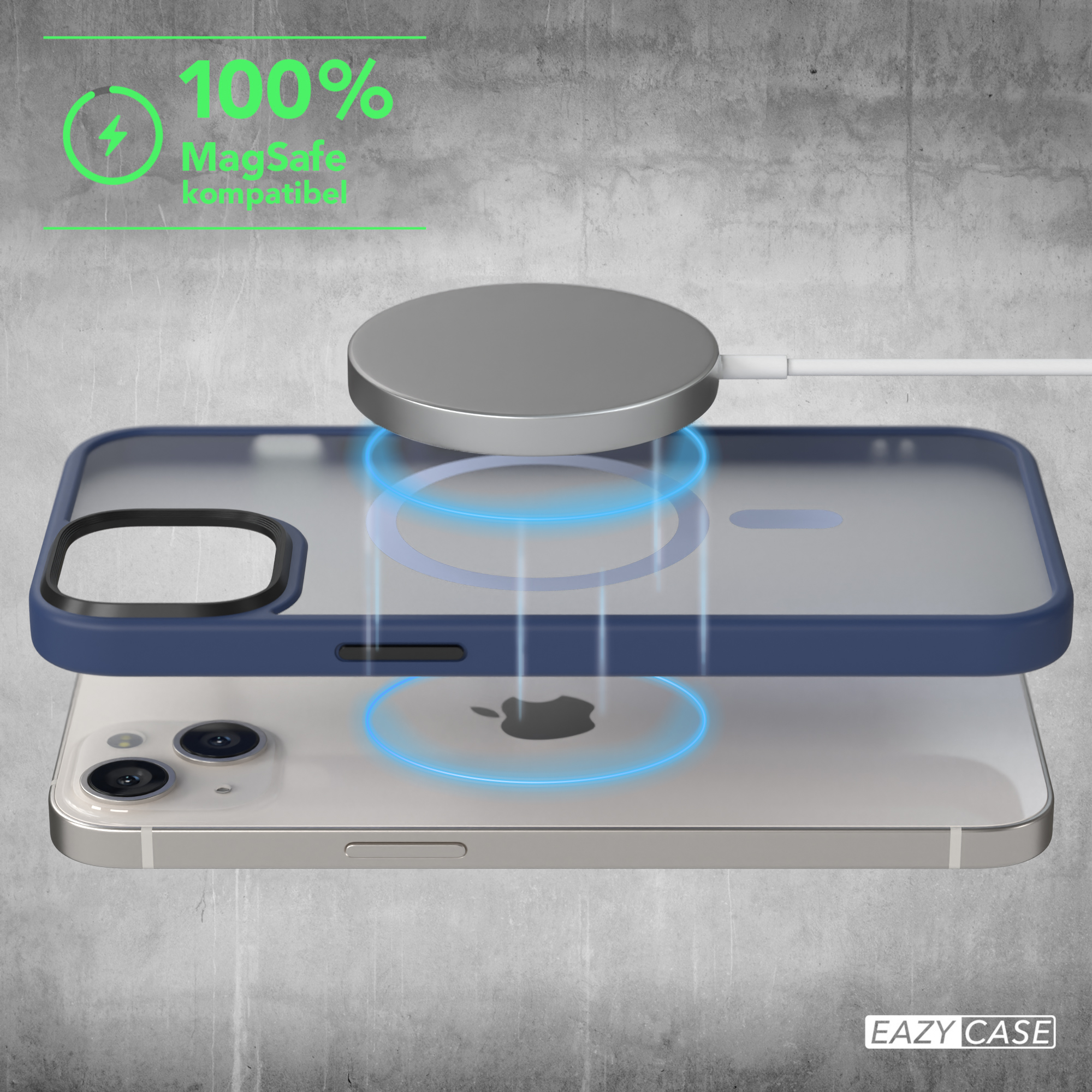Ein iPhone und eine transparente blaue Handyhülle mit MagSafe-Ladegerät oben.