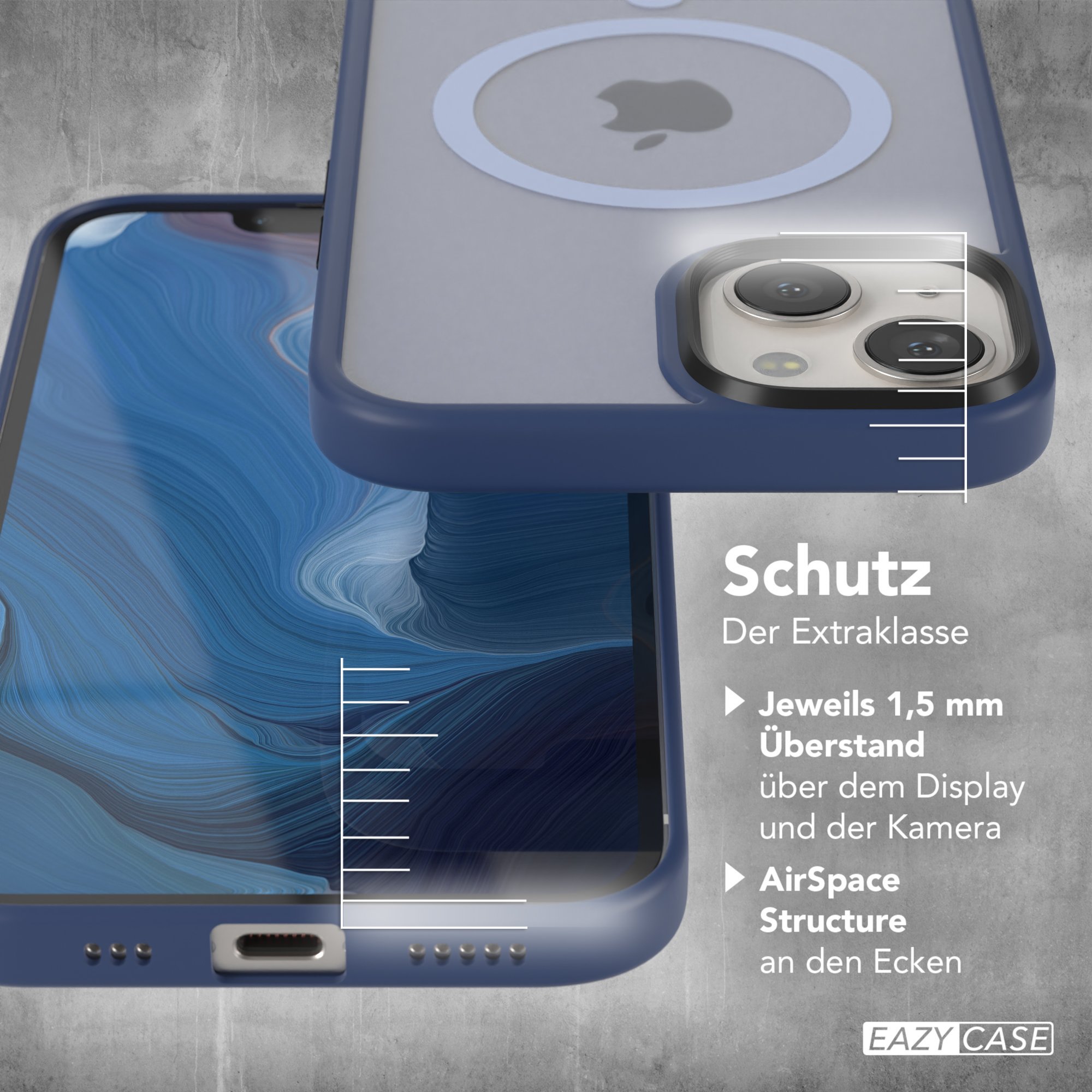 Eine blaue Telefonhülle. Text: 'Schutz der Extraklasse'.