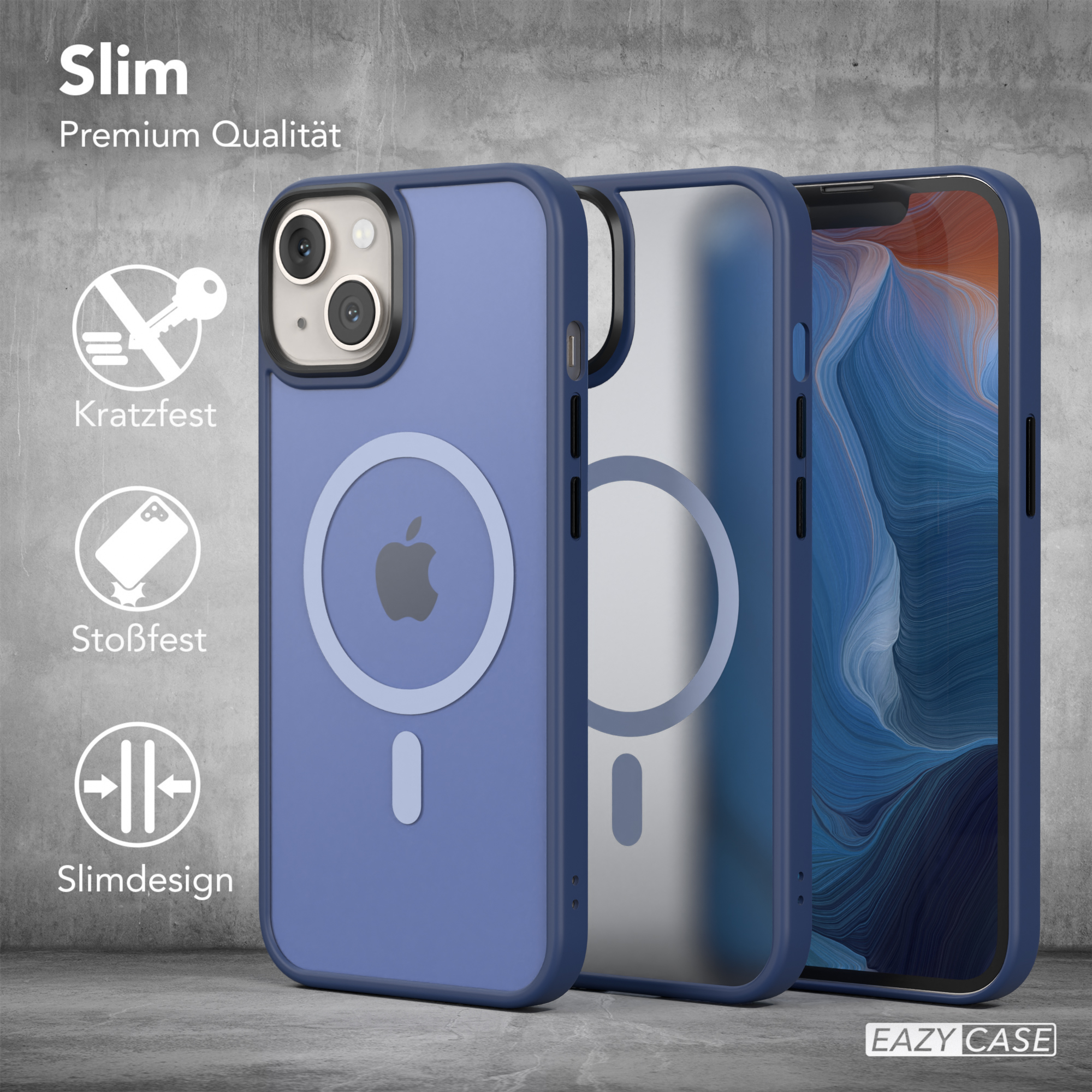 Drei Handyhüllen in verschiedenen Farben mit dem Apple-Logo.