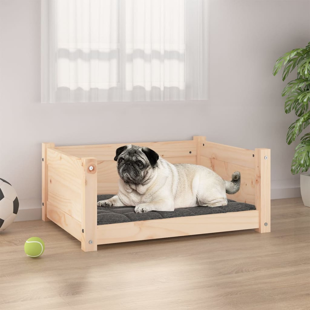 Mops in einem Hundebett aus Holz mit grauem Kissen, daneben ein Fußball und ein Tennisball.
