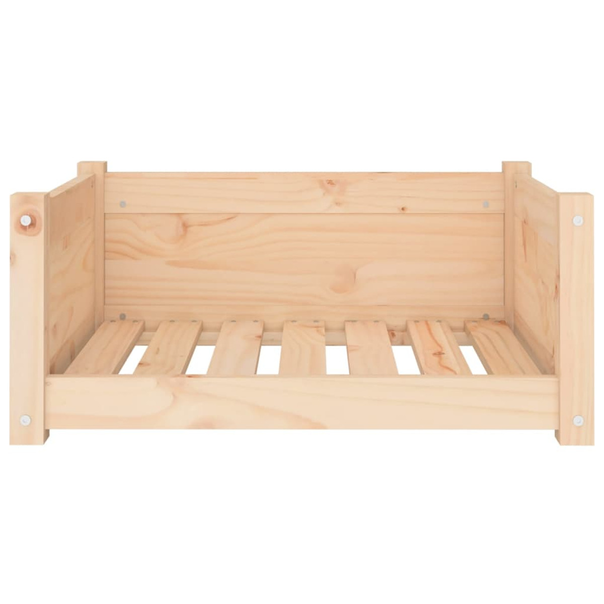 Ein Hundebett aus Holz mit Lattenrost und Seitenteilen, von vorne betrachtet.