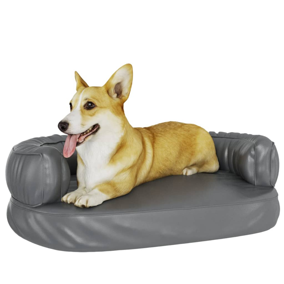 Ein Corgi-Hund liegt auf einem grauen Hundesofa. Der Hund hat die Zunge draußen.
