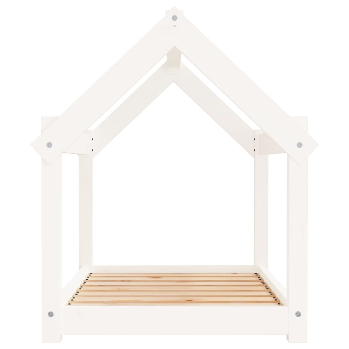 Ein weißer bettfrahmen in Hausform. Der Rahmen hat ein Dach und Holzlatten für die Matratze.