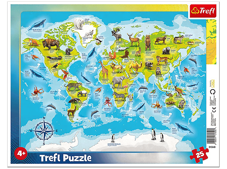 TREFL Weltkarte mit Tiermotiven Puzzle | bis 1000 Teile
