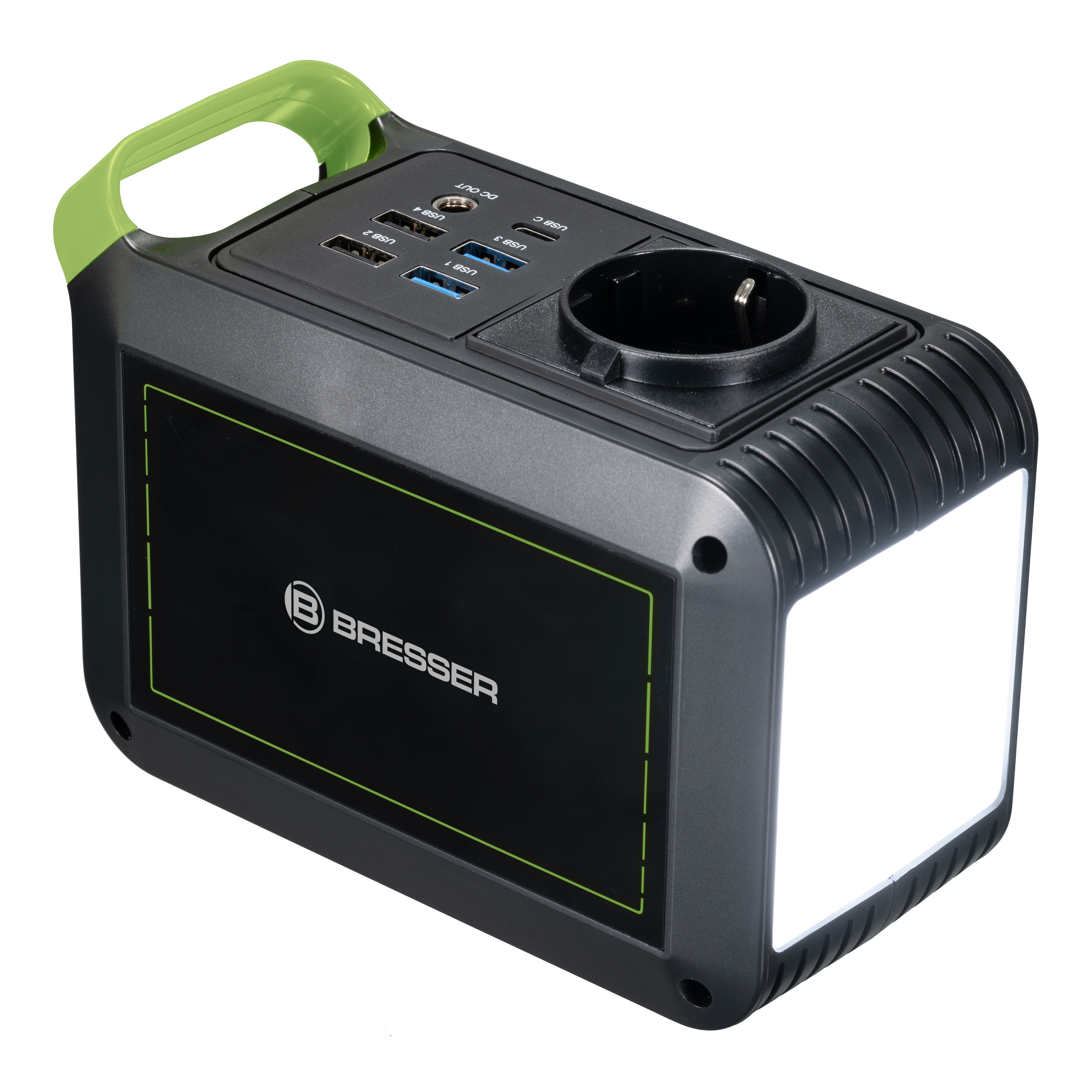 Estación de energía Bresser negra y verde con múltiples puertos USB, una toma de corriente y una luz.