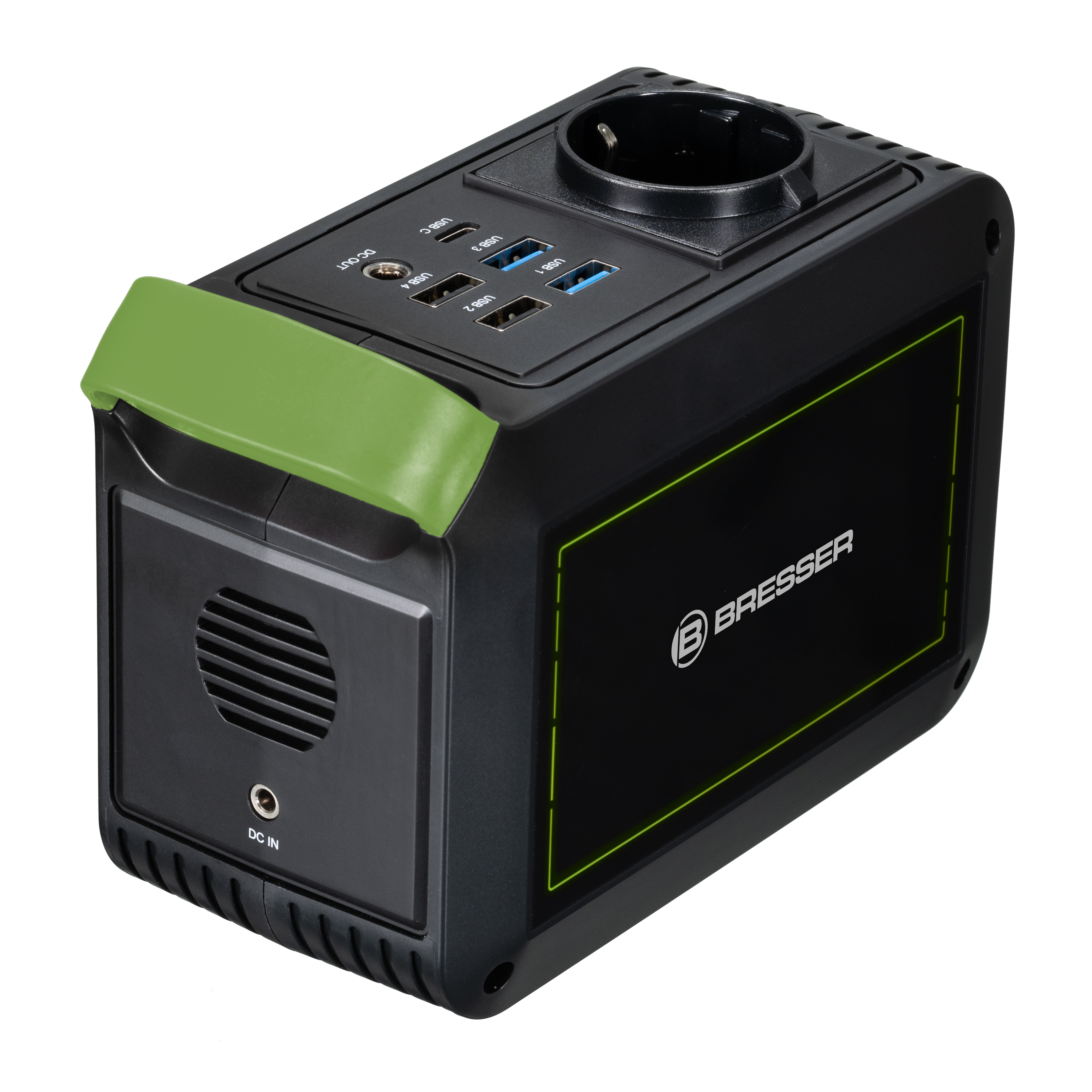 Una estación de energía negra y verde con puertos USB, entrada de CC y asa verde.