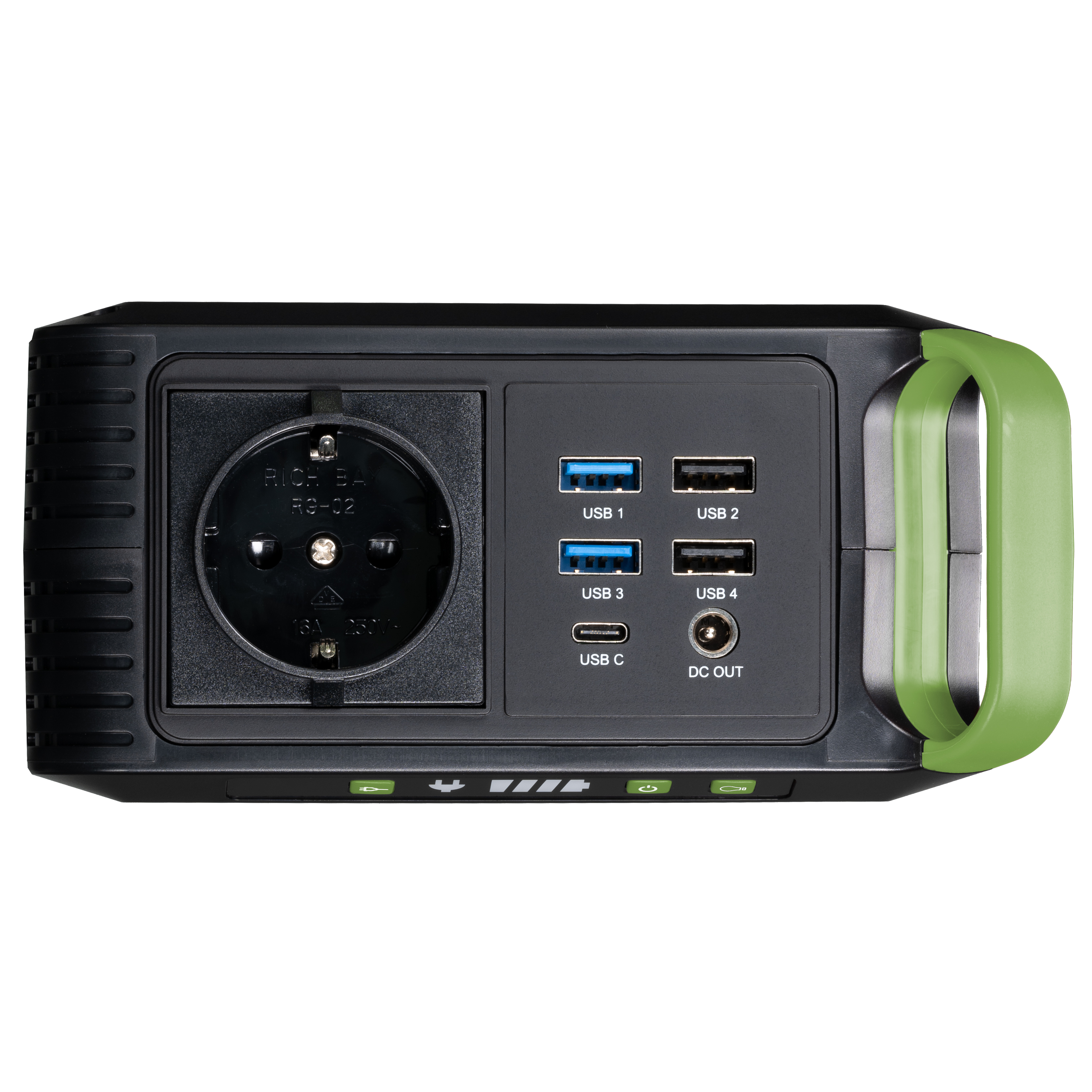 Estación de energía negra y verde con enchufes, puertos USB y asa. Opciones de alimentación CC y CA disponibles.