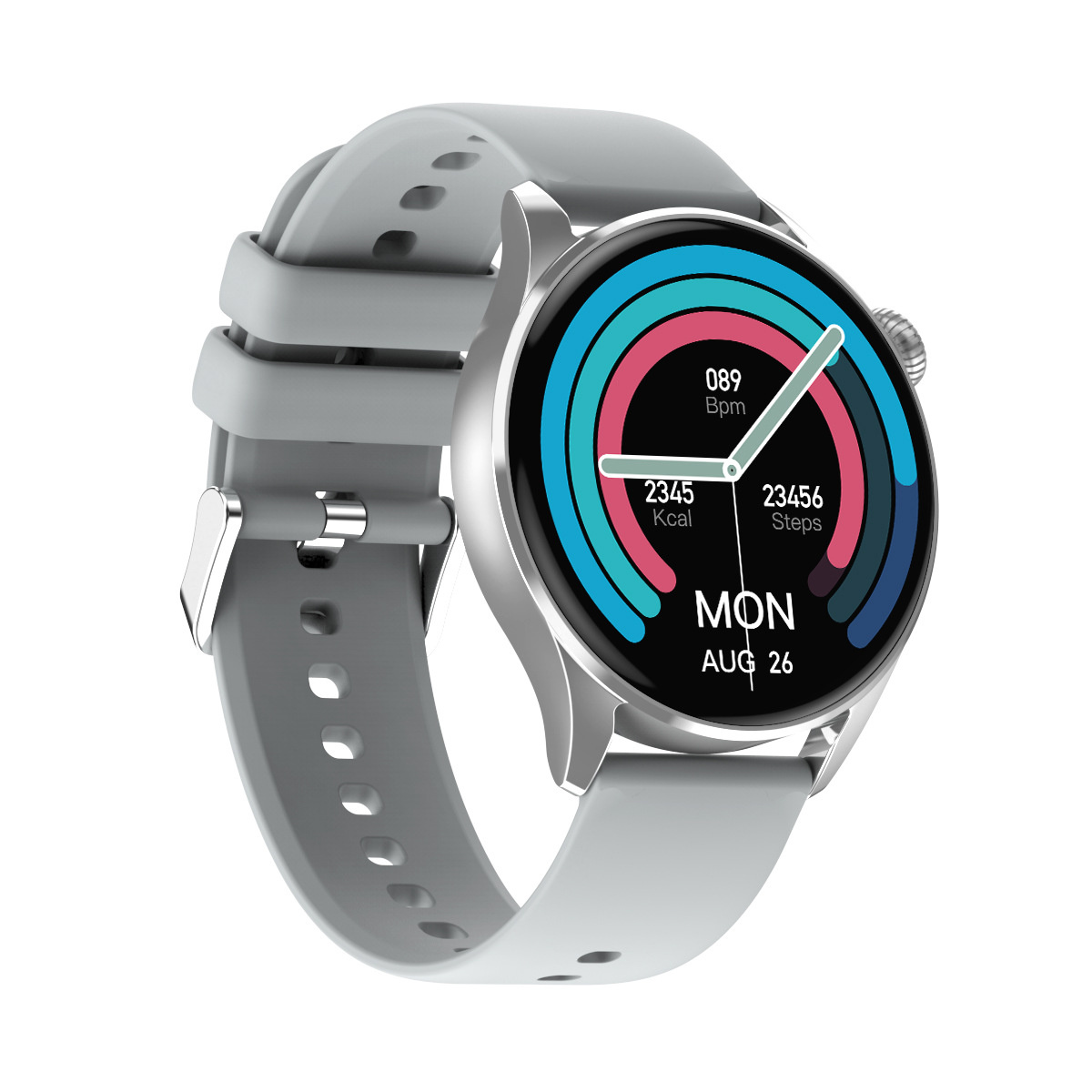 Silberne Smartwatch, graues Armband, zeigt Zeit, Schritte, Kalorien und Tag.