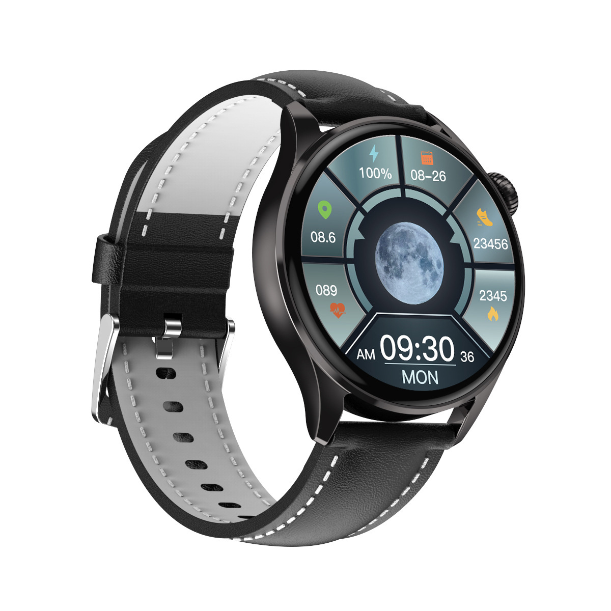 Eine schwarze Smartwatch mit schwarz-weißem Armband, die Zeit, Datum und Aktivitätsringe anzeigt.