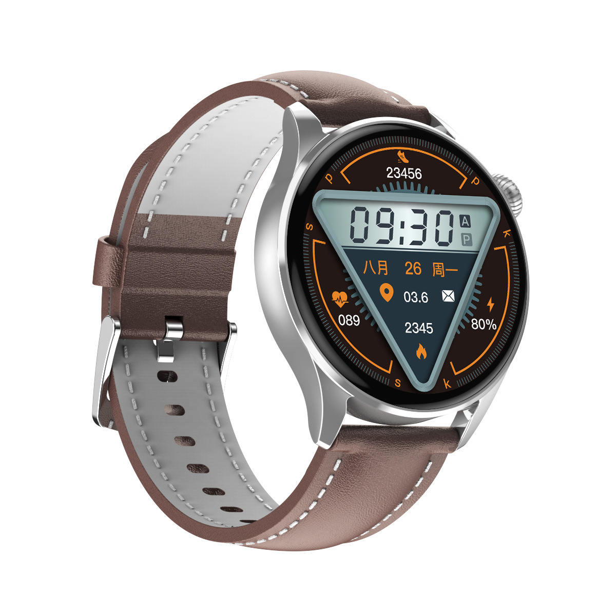 Smartwatch mit braunem Lederarmband. Zeigt Zeit, Datum und Gesundheitsdaten an.