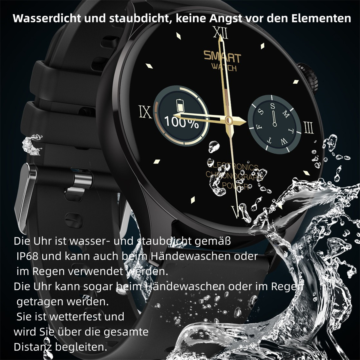 Schwarze Smartwatch mit Wasserspritzeffekt, deutscher Text über Funktionen.