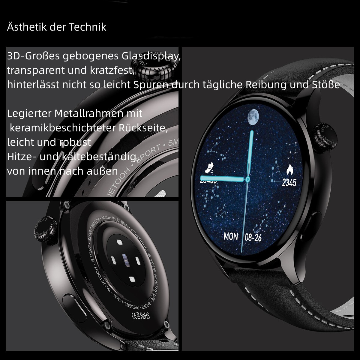 Bluetooth Vakuumbeschichtung Zinklegierung Smartwatch SYNTEK Grau Smart + Herzfrequenz Silikon, Grau Anruf Watch Gürtel, Sportuhr